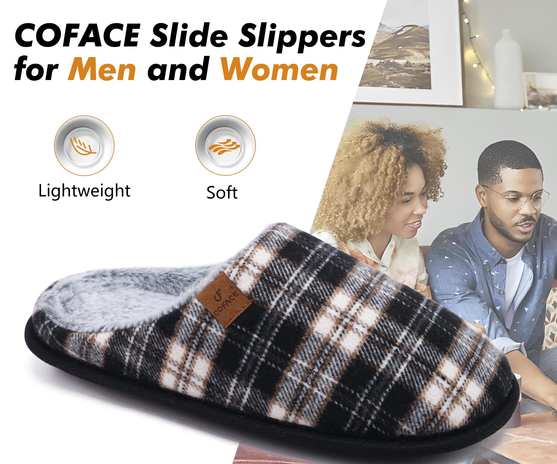 COFACE Pantofole da Uomo Invernali Plaid, Comoda Memory Foam Calde Scarpe da Casa in Lana con Suola Antiscivolo 40-49
