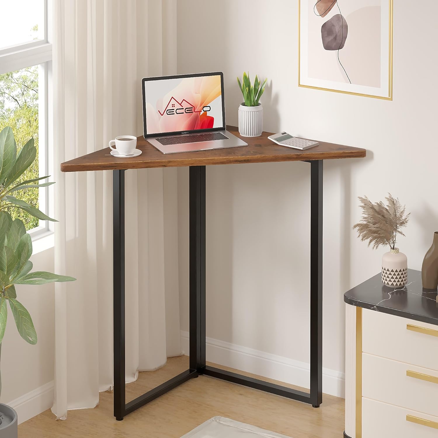 VECELO Corner Desk,Office Tables for Living Room for Small Space Triangle Computer Desk with Steel Frame Corner Shelves with Metal Frame Writing Desk for Workstation Classic Brown 31.1"
