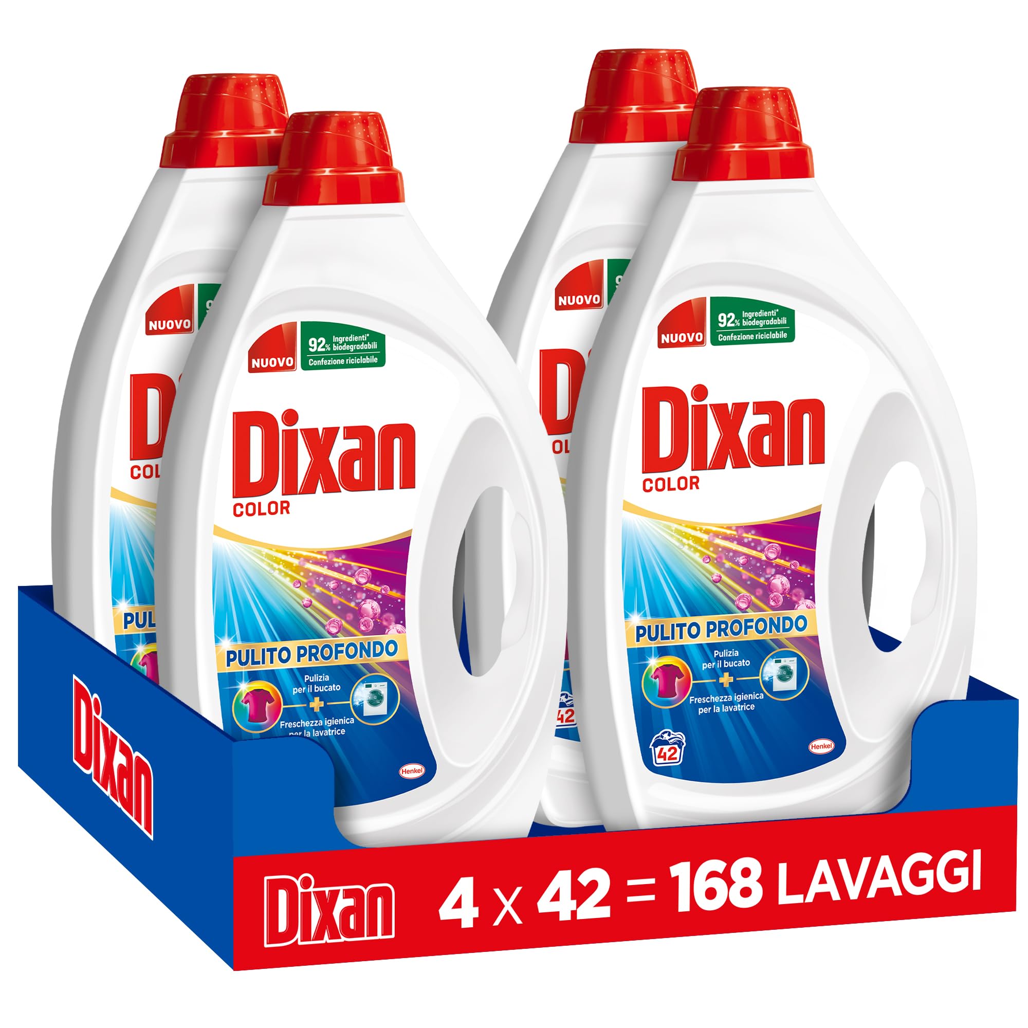 Dixan Liquido Color Detersivo Lavatrice (4 confezioni da 42 Lavaggi), Detersivo liquido lavatrice per colori vivaci, pulizia profonda del bucato e freschezza igienica per la lavatrice