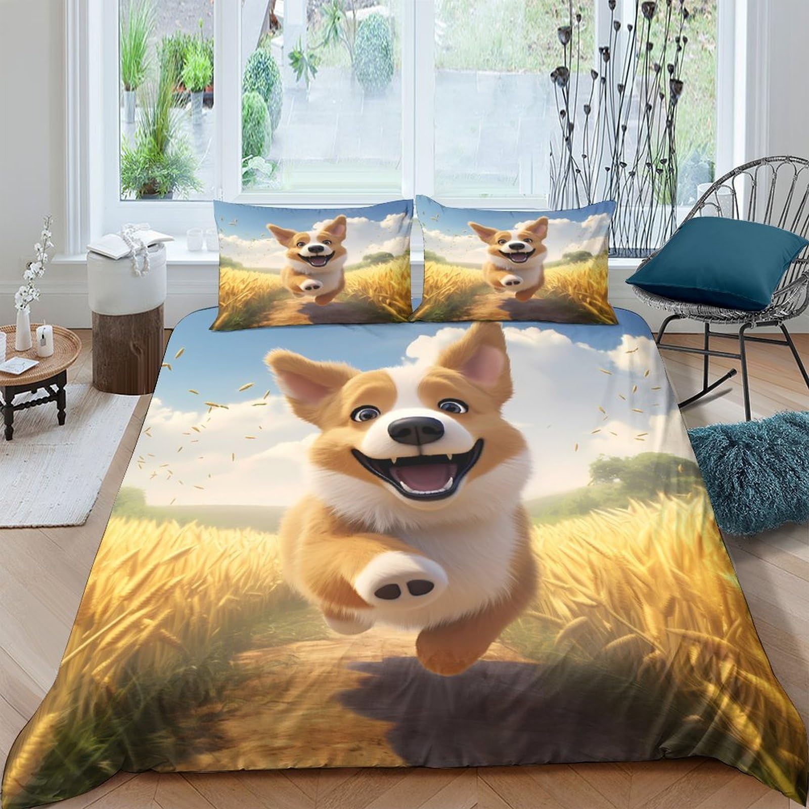 Ctjqhvkz Style-7 3D Printed Running Corgi Fitted Sheet Microfiber Soft Animal Bed Cover For Bedroom Guest Room Mattress Protection Decor Single（135X200cm）