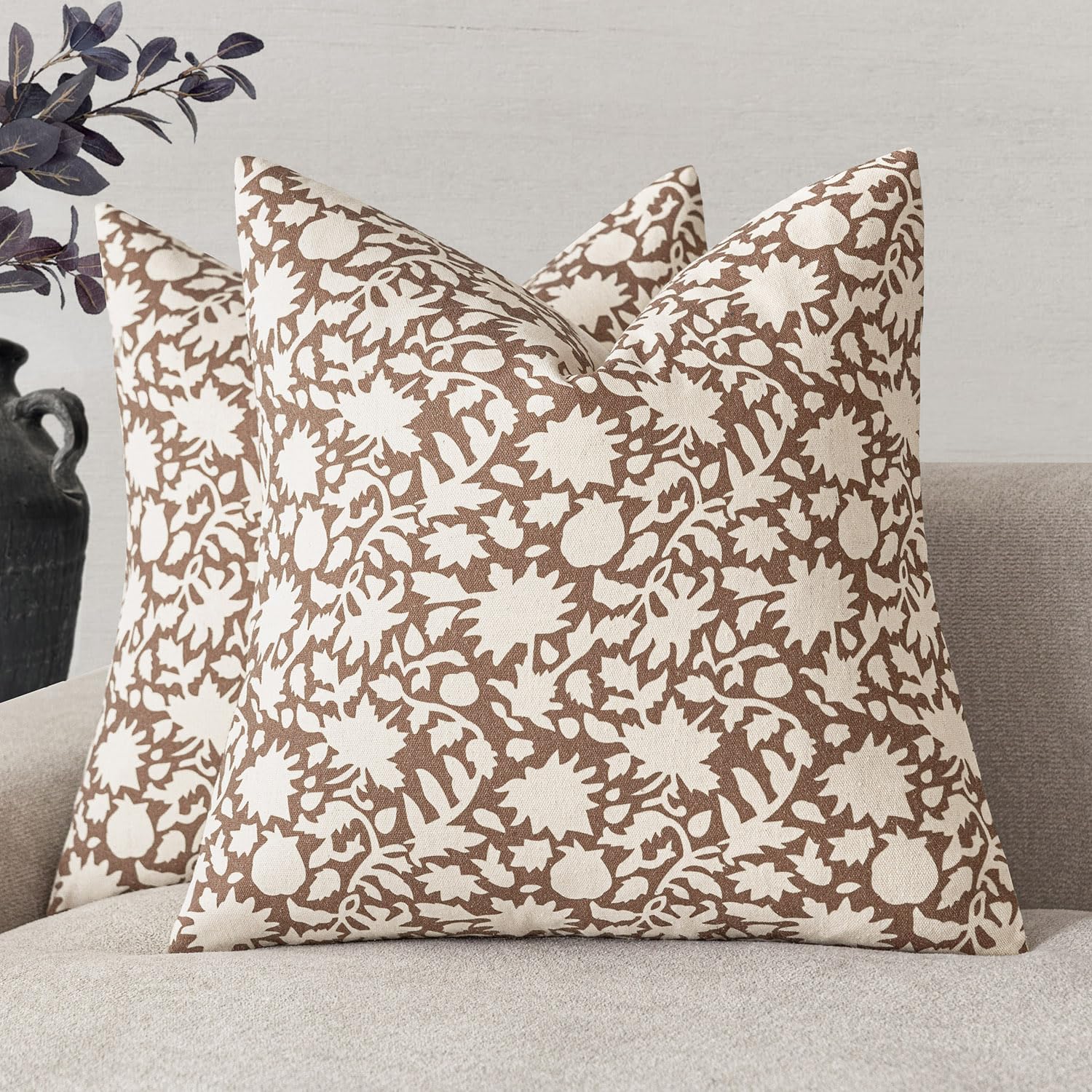 Foindtower Set of 2 Decorative Neutral Floral Throw Pillow Covers Accent Farmhouse Cushion Covers Boho Pillowcase for Couch Sofa Bedroom Living Room