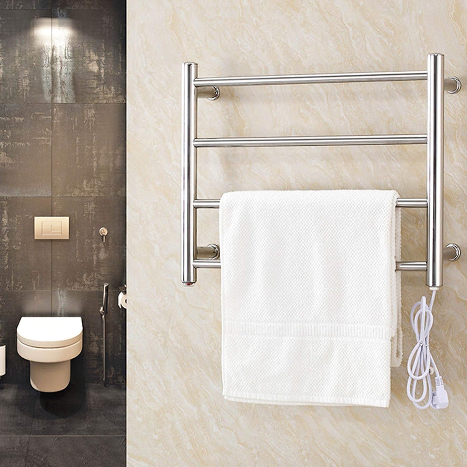 4 Bar Wall Mounted Towel Warmer 58W Electric Heated Drying Rack 304 Stainless Steel Plug in Towel Holder with Switch for Bathroom