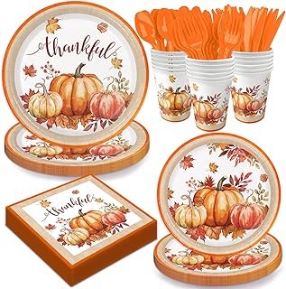 Oigco Autumn Harvest Thanksgiving Party Supplies Set - Complete Disposable Dinnerware Set for Thanksgiving Fall Party, Serves 24 Guests - Includes Plates, Cups, Napkins, and Cutlery