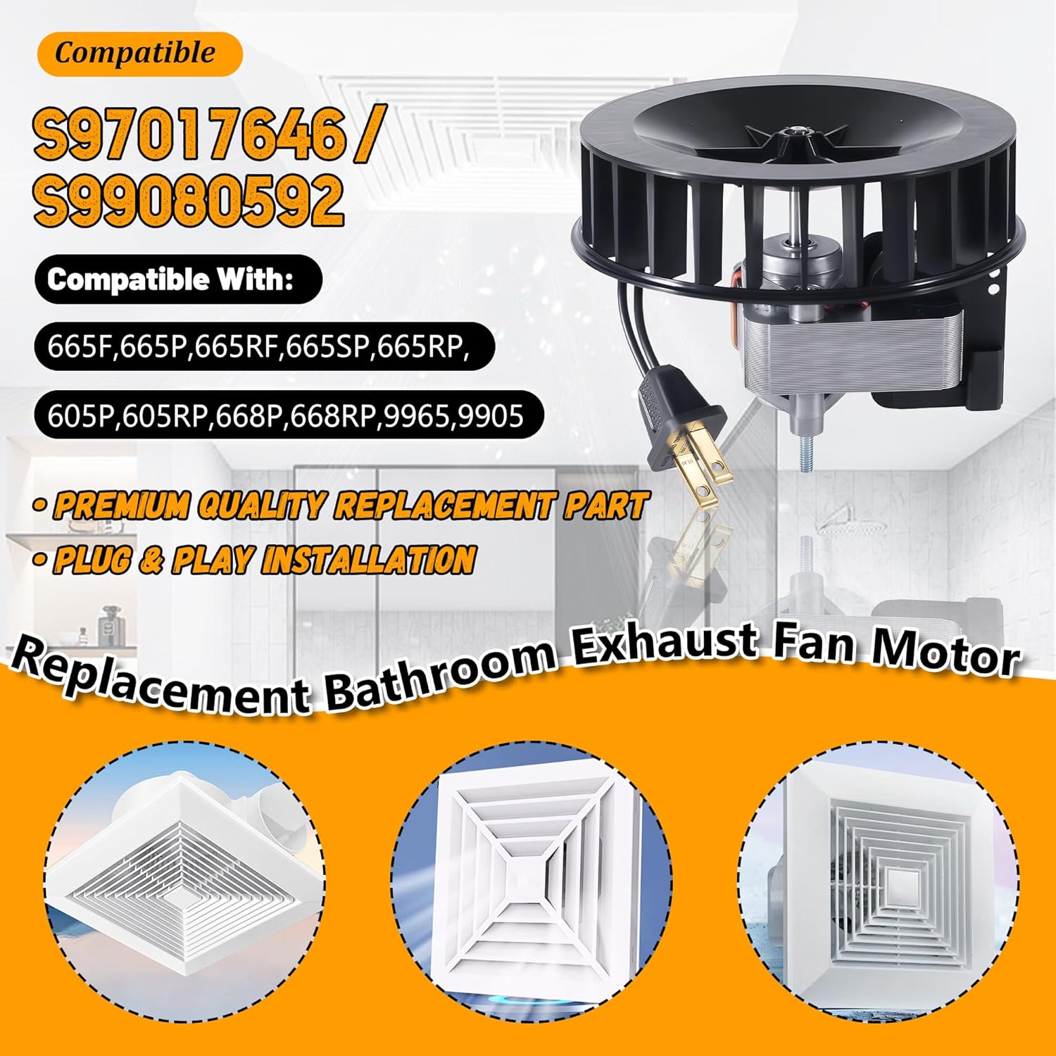 S97017646 S99080592 Bathroom Exhaust Fan Motor and Blower Wheel Replacement – Compatible with Broan NuTone 605P 605RP 665F 665P 665RP 665SP 668P 668RP – Replaces 99080592 120V Motor Assembly