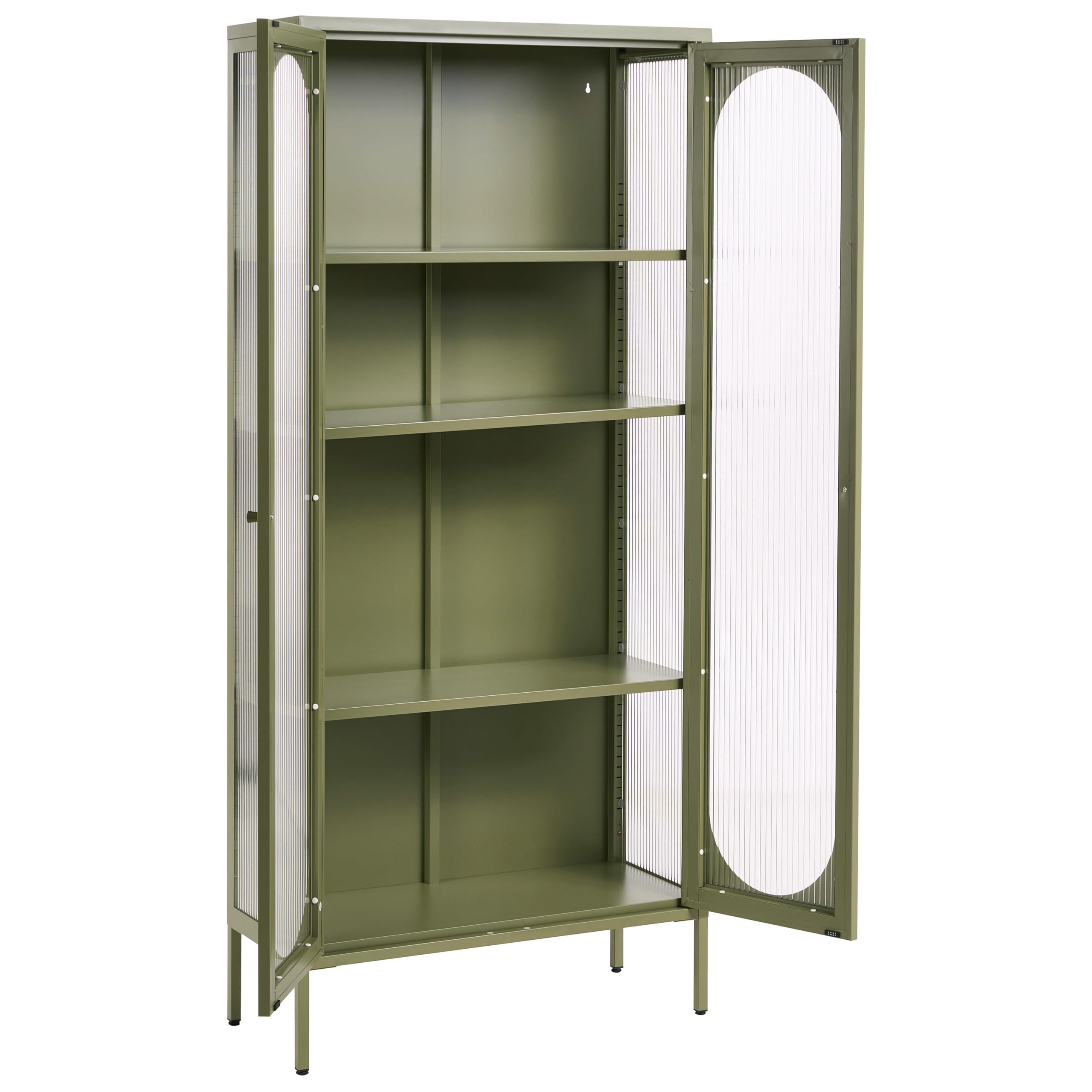 Beliani Vitrine Stahl grün mit 2 Glastüren geriffelt Hochschrank 181 cm hoch modern Industrie-Design Foxton