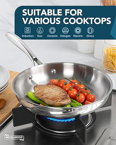 Miniatura 4 de MICHELANGELO Juego de sartenes de acero inoxidable 1810, sartenes de cocina de 8, 9.5 y 11 pulgadas, juego de sartenes de acero inoxidable con base