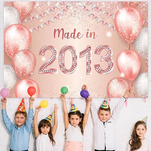 Miniatura 7 de Cartel de feliz cumpleaños número 10 de oro rosa hecho en 2013 con texto en inglés "Cheers to 10 years old background" globo confeti decoración