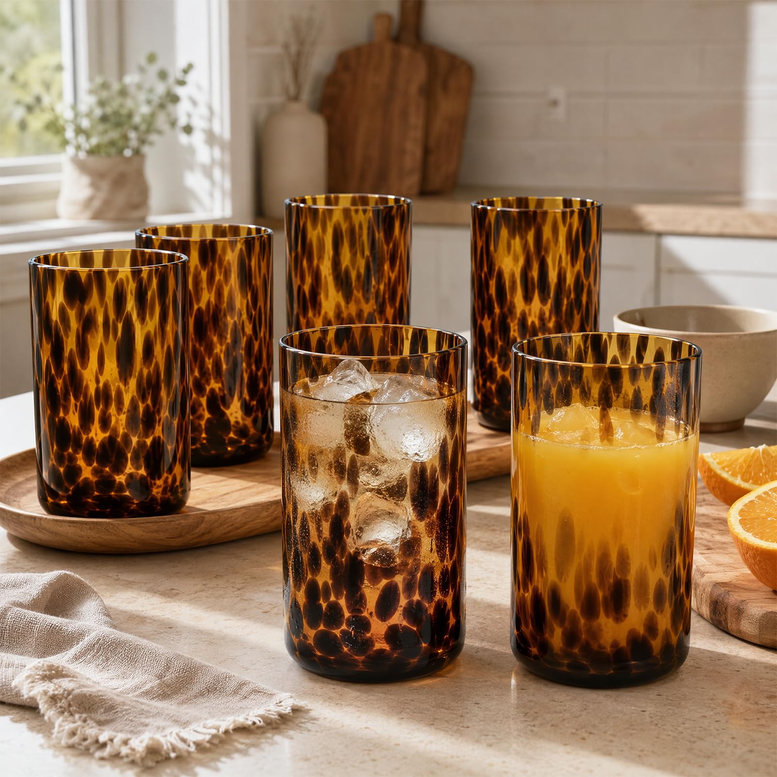 Set aus 6 Cocktailbechern mit Schildpatt-Look, braun, stilvoll, ohne Stiel | 591-ml-Cocktailbecher: schicke, stiellose Rocks-Gläser aus Glas – ideal für Gin, Tequila, Wodka & Softdrinks