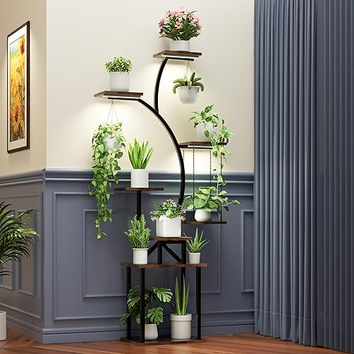 Miniatura 2 de Soporte para plantas de interior con luces de crecimiento, estante esquinero de 8 niveles, colgador de plantas de 63 pulgadas de alto para múltiples