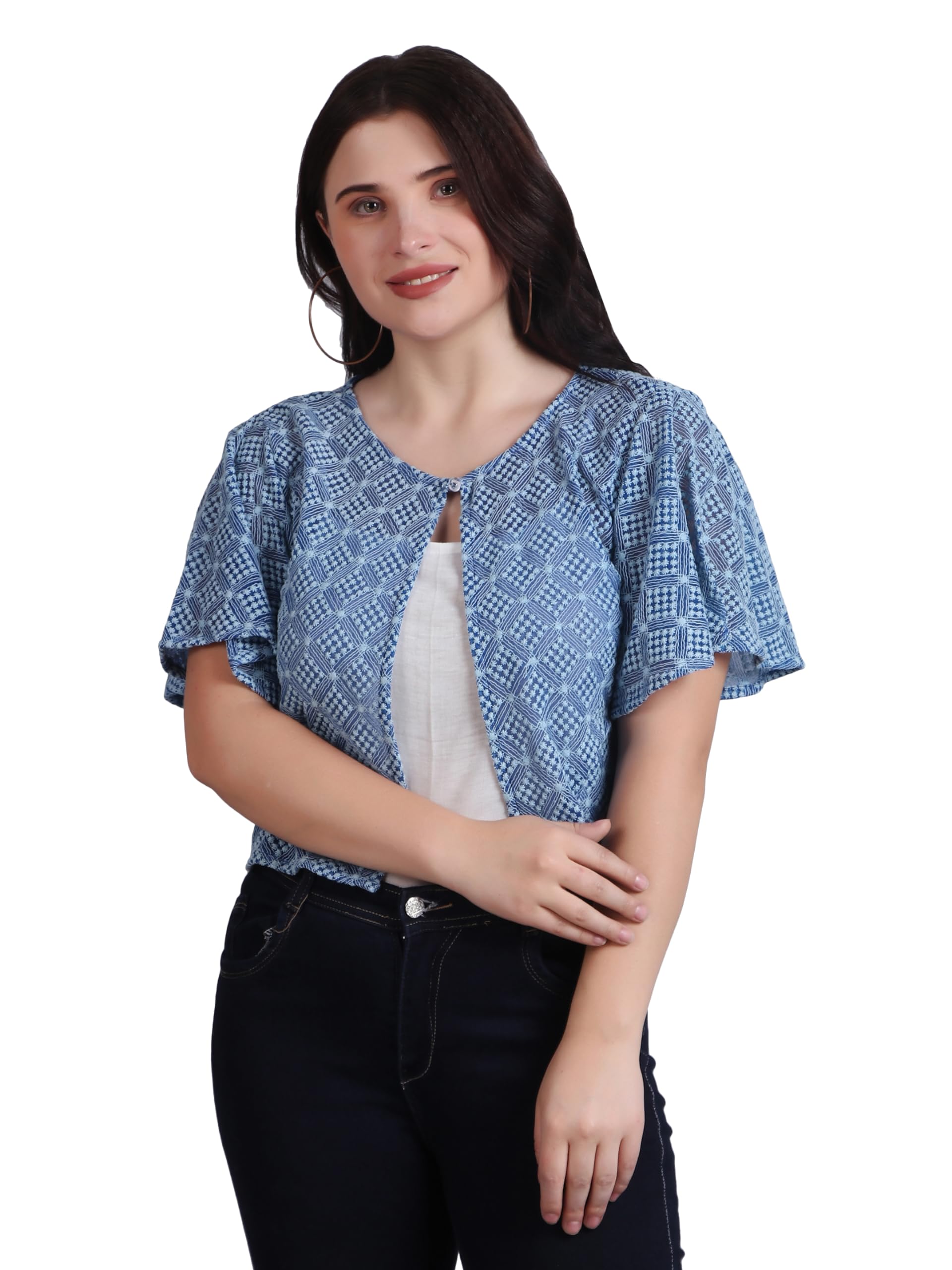 dressitude DRESSITNUDE Women Self Design Cotton Lace Round Neck Flared Sleeve Shrug | Front Open, Button Closure-picture-38