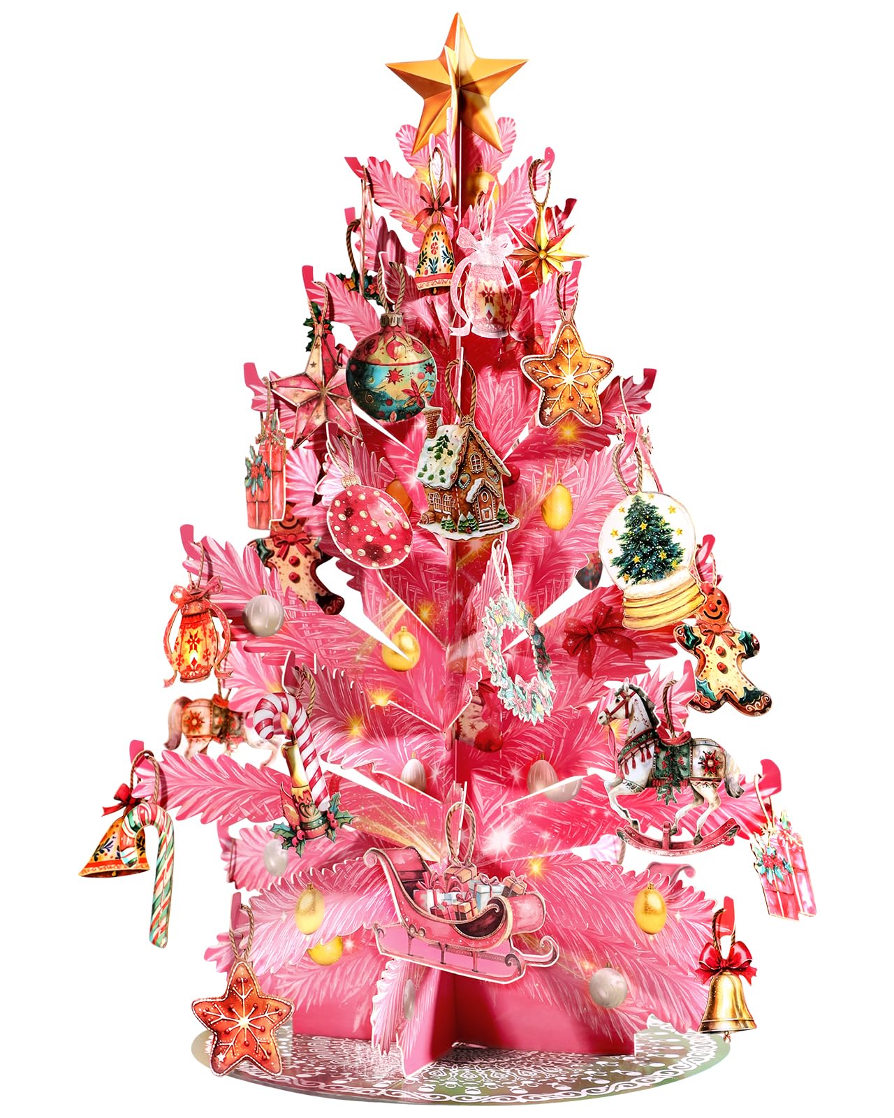 Coralogo Pink Diy Pop Up Christmas Cards - Pink Christmas Tree Design Cute Special Large Merry Xmas Greeting Cards Blank Inside with Envelope for Kids, Women, Wife, Daughter, Sister, Girlfriend, Her