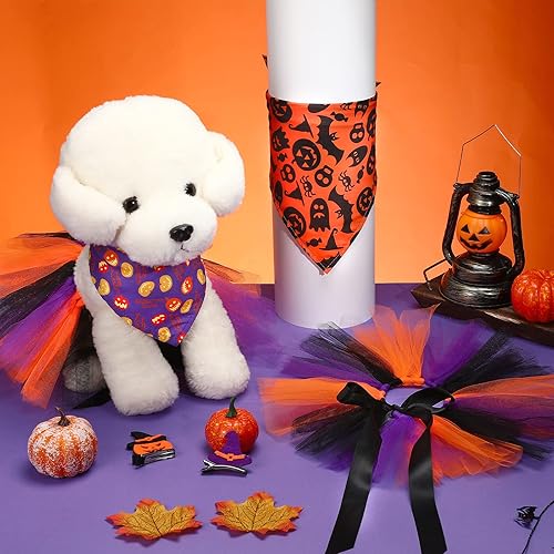 Miniatura 4 de 8 piezas de falda tutú de tul para perro de Halloween con bandana de Halloween, horquillas de dibujos animados, disfraces de perro de Halloween,