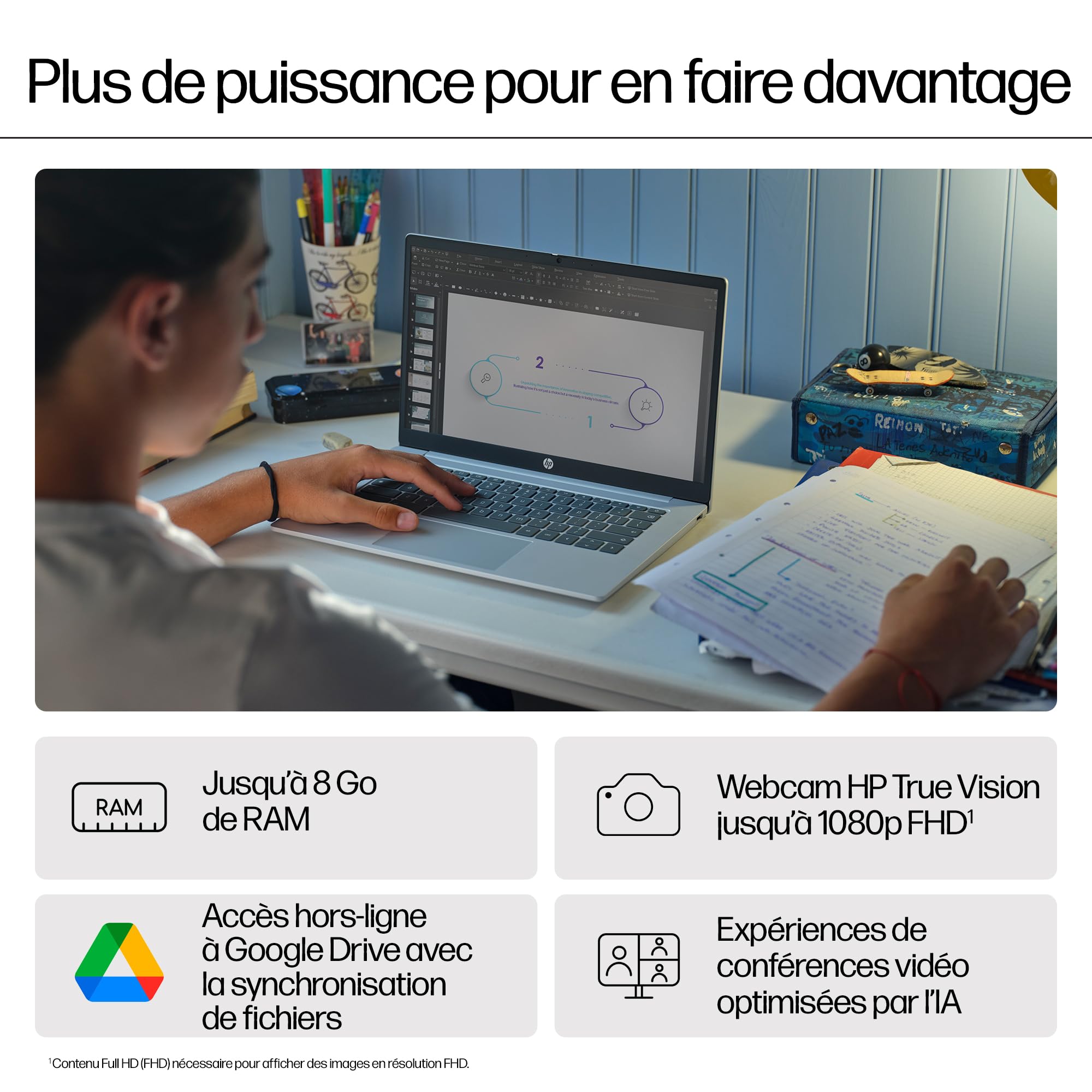 HP Chromebook 14a-nf0001sf Ordinateur Portable 14" HD, PC Portable (Intel Celeron N100, RAM 4 Go, Flash 128 Go, Intel Iris XE, Chrome OS), Laptop Argent, Clavier AZERTY