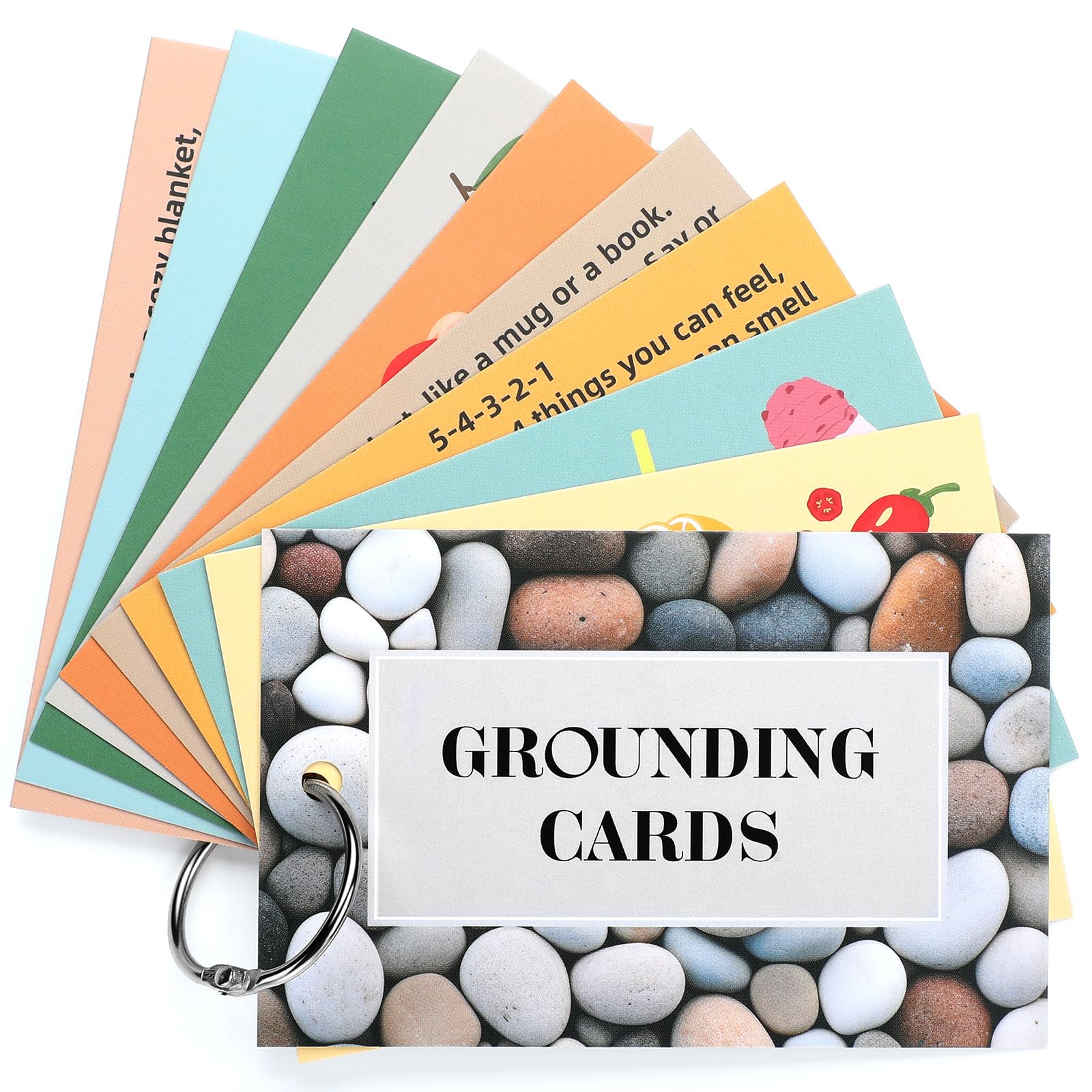 AmazingSpark 10 Pcs Grounding Card Coping Skills Card for Anxiety & Stress Relief with Metal Binder Rings Mindfulness Flashcard Meditation & Self-Care Tools Mental Health Therapy Gift for Adults Teens