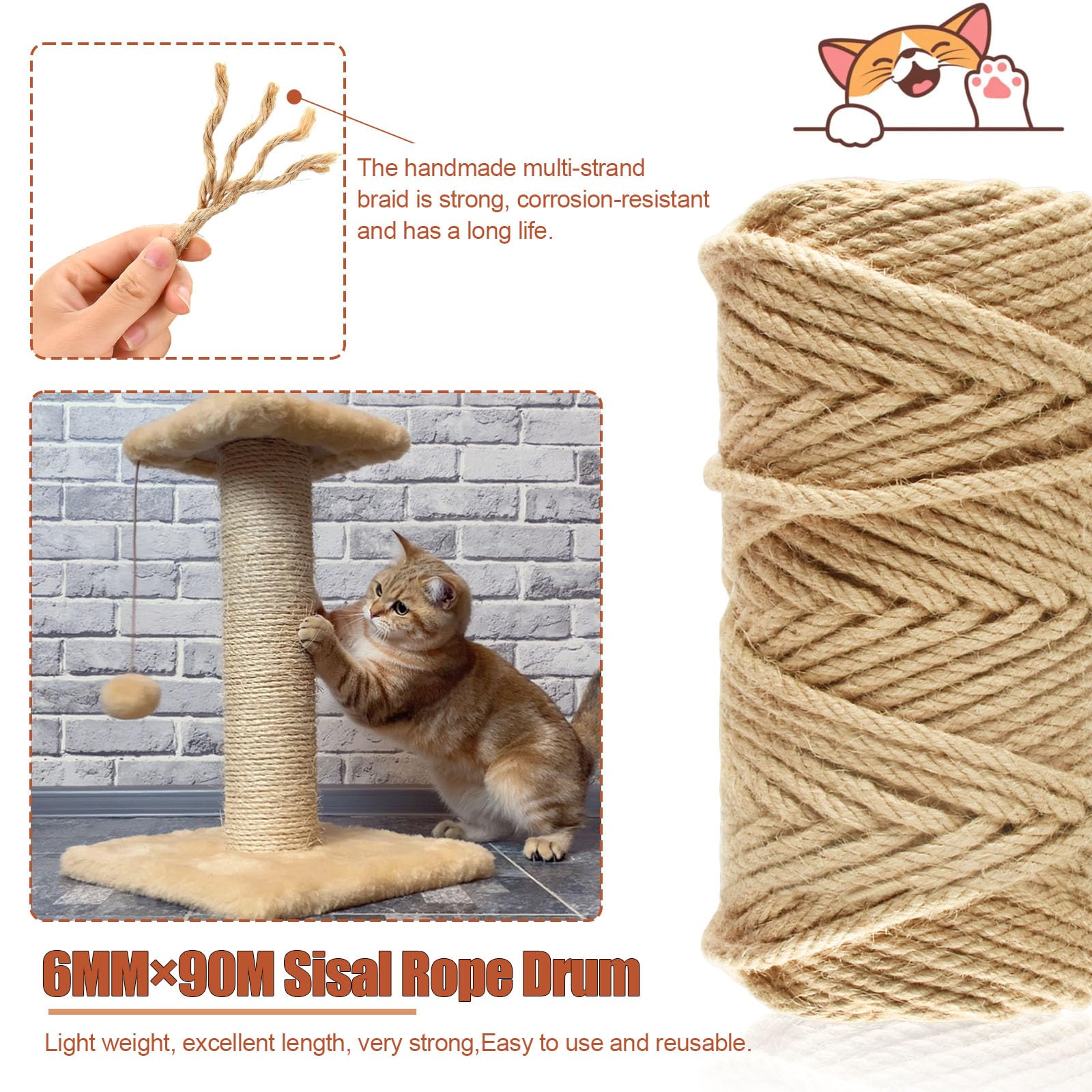 Craft Cat Rope Sisal Rope For Cat Tree 90M Natural Sisal Rope 6mm - Cat Scratching ...