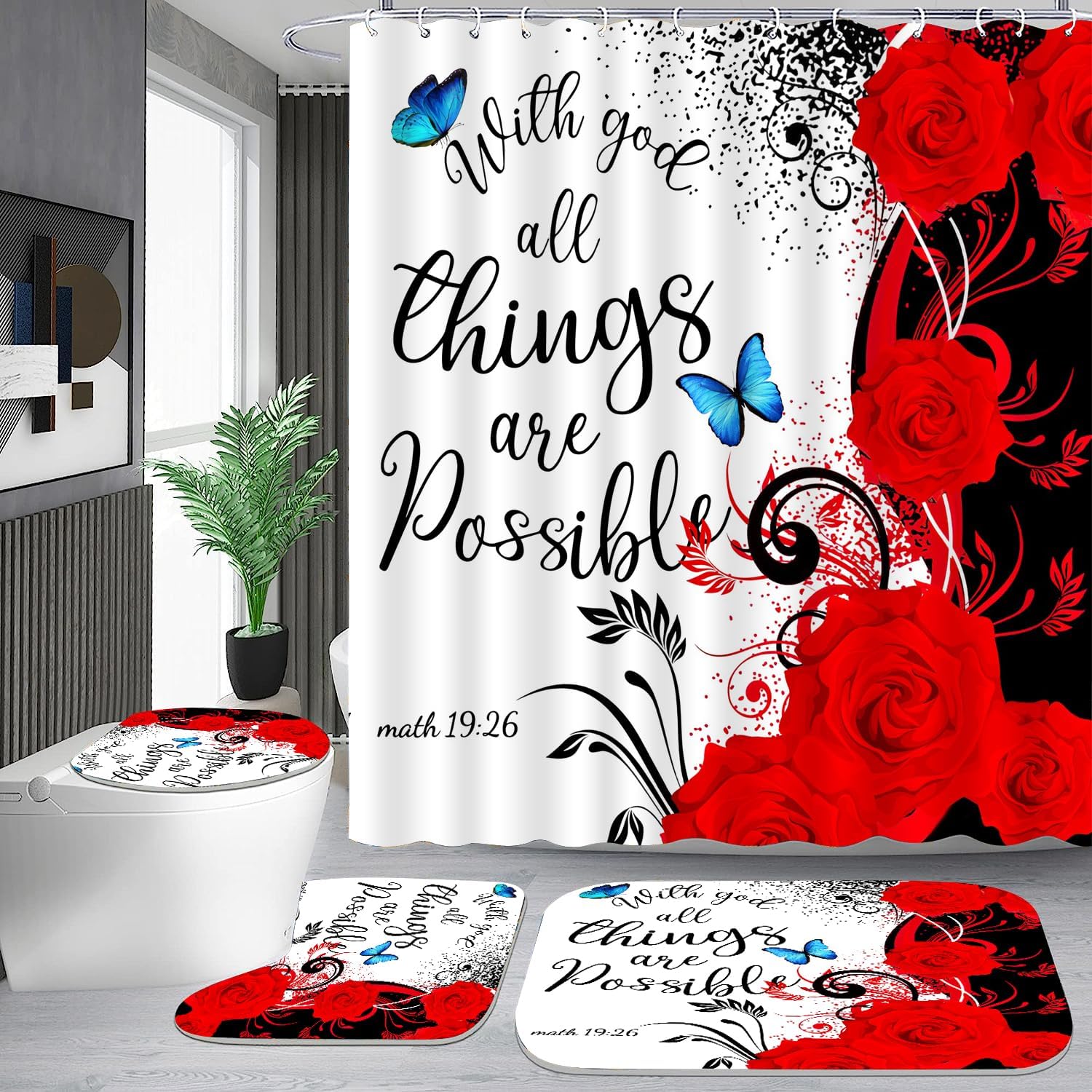 Guassi 4PCS White Red Rose Shower Curtain Set,Rose