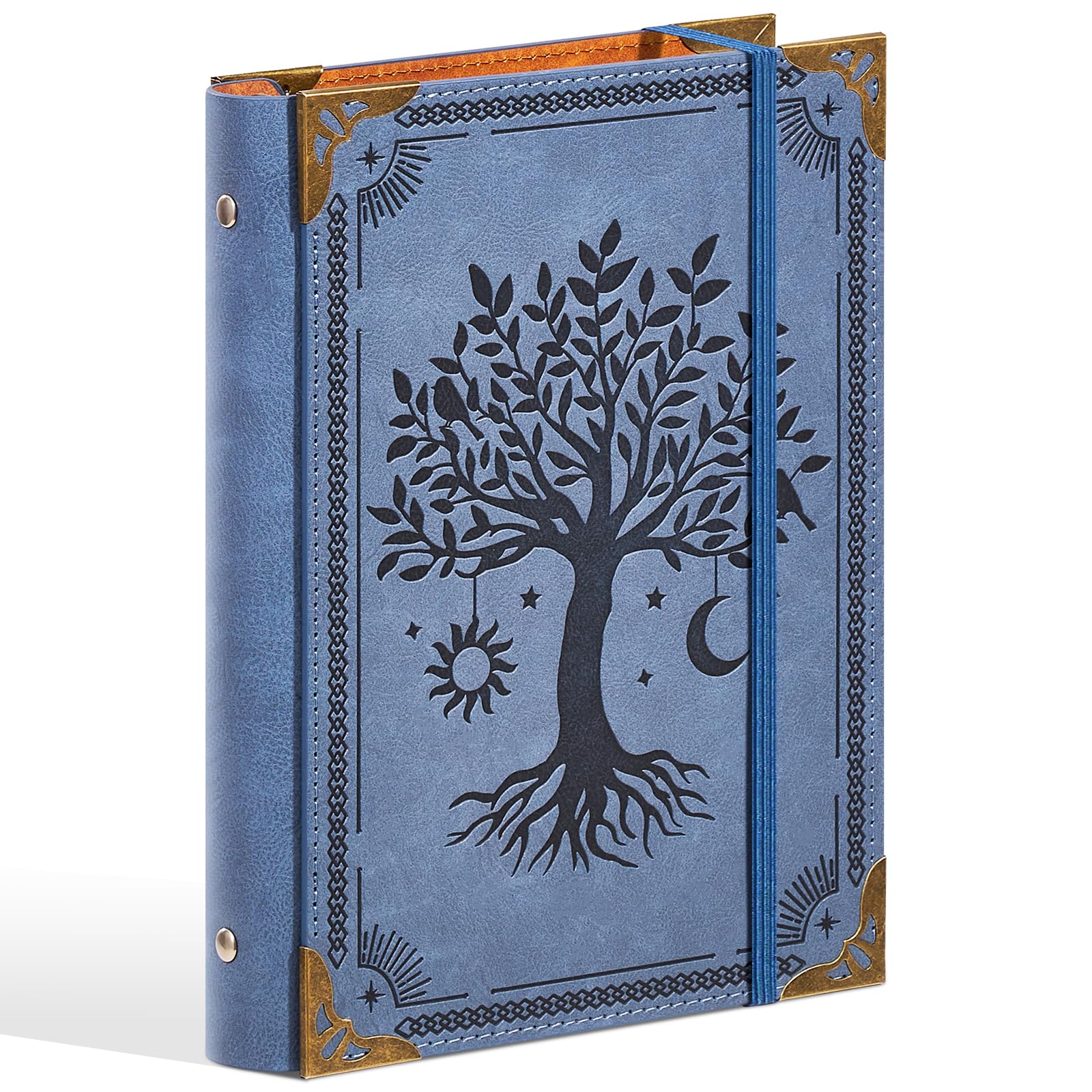 Ovesmusl PU Leather A5 Binder 6 Ring Refillable Journal Cover No Refill Paper A5 Planner Binder Loose Leaf Binder for Notebook 5.7”x8.3” with Elastic Closure, Blue Tree