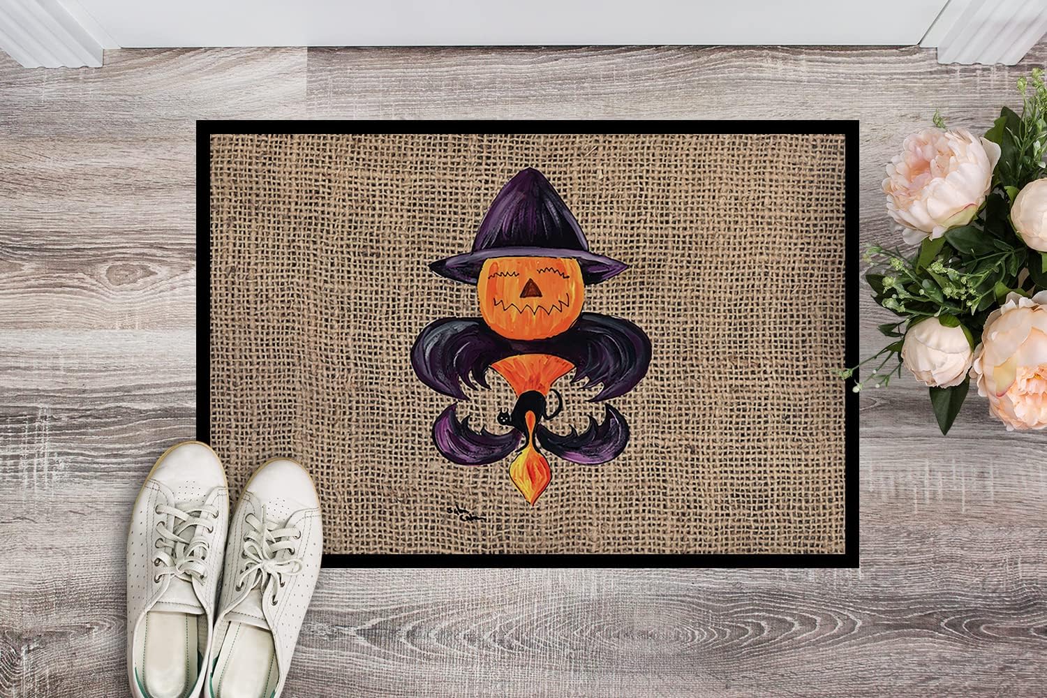 Caroline's Treasures 8748MAT Halloween Pumpkin Bat Fleur de lis Doormat 18x27 Front Door Mat Indoor Outdoor Rugs for Entryway, Non Slip Washable Low Pile, 18H X 27W