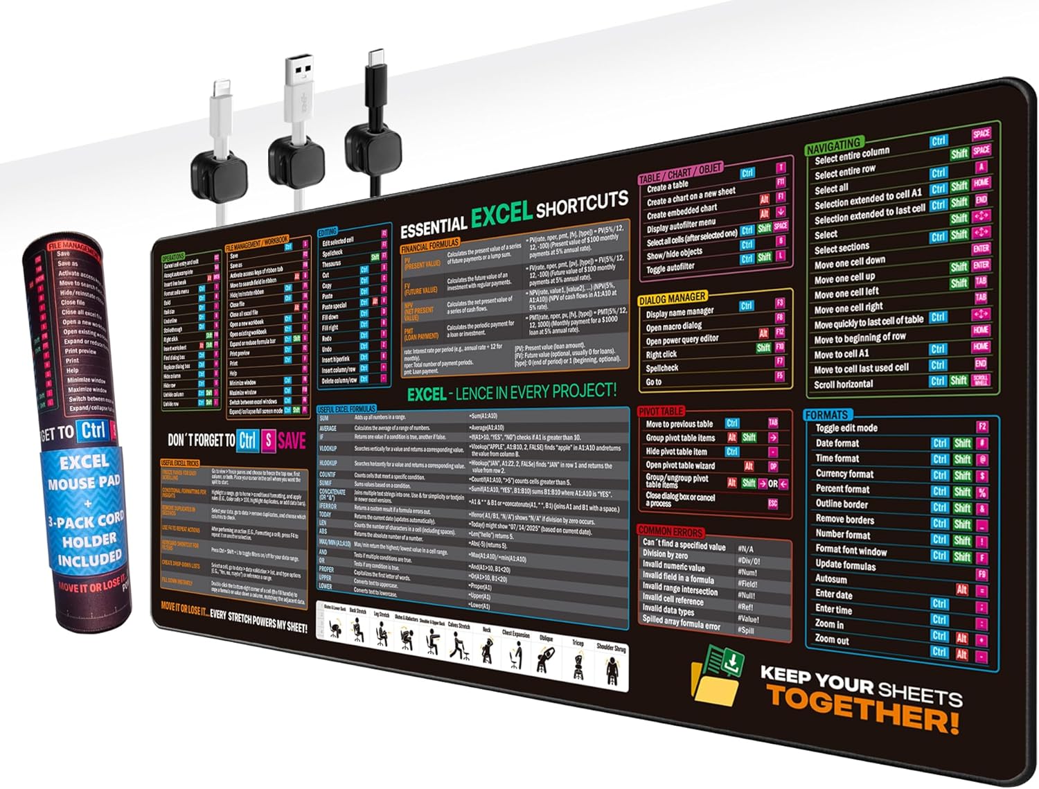Excel Cheat Sheet Desk Pad – XXL Waterproof Mouse Pad with Stitched Edge for PC, Keyboard, Computer, Office or Gaming, Non-Slip Mat with Spreadsheet Shortcuts & Formulas, 3 Cord Holders Gift.