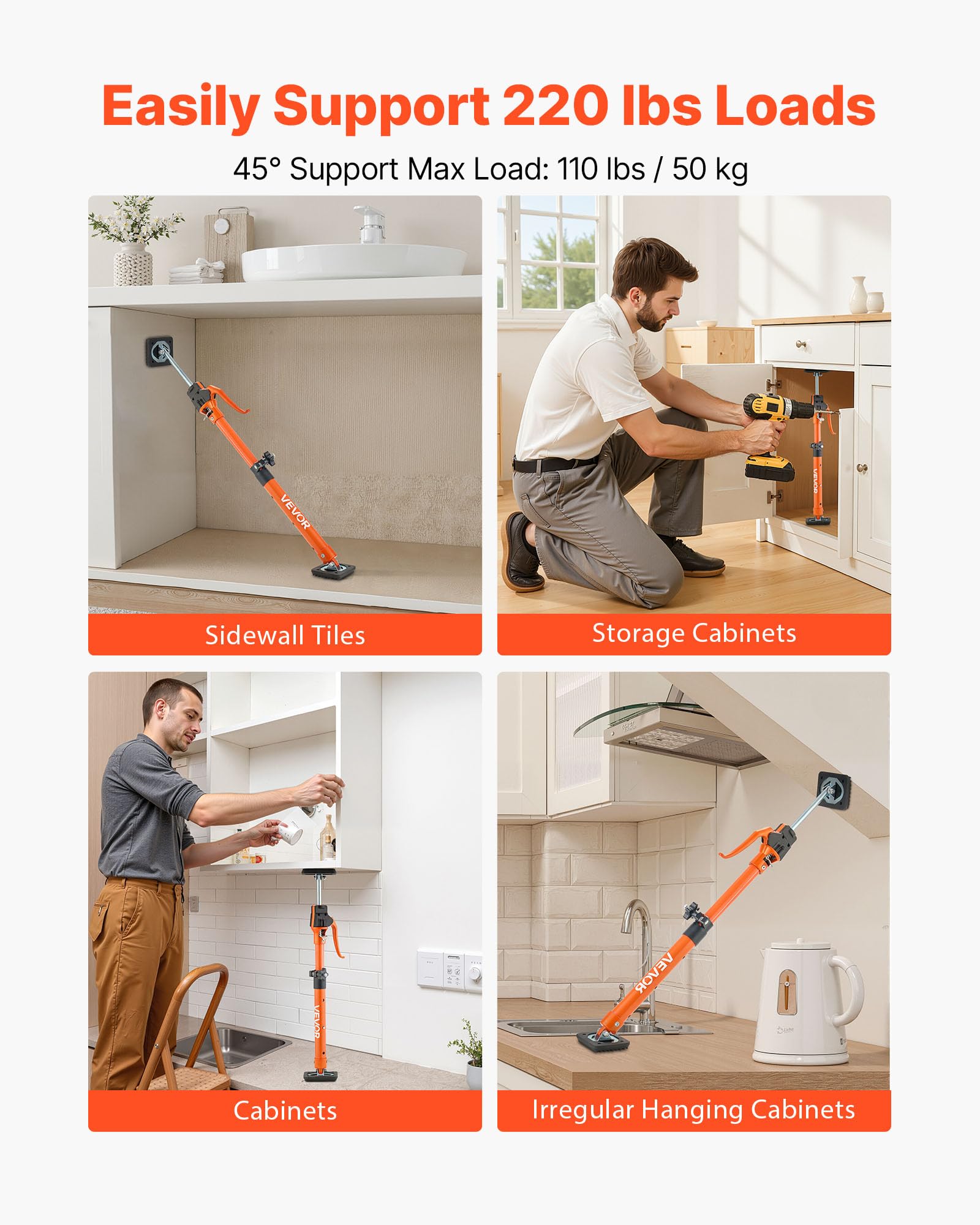 VEVOR Asta di Supporto per Martinetto, 2 Pezzi, Asta di Supporto Rapido Telescopica in Acciaio da 48 a 75 cm, Sistema Regolabile a 3 Mani con Capacità 100 kg per Sollevamento di Cartongesso