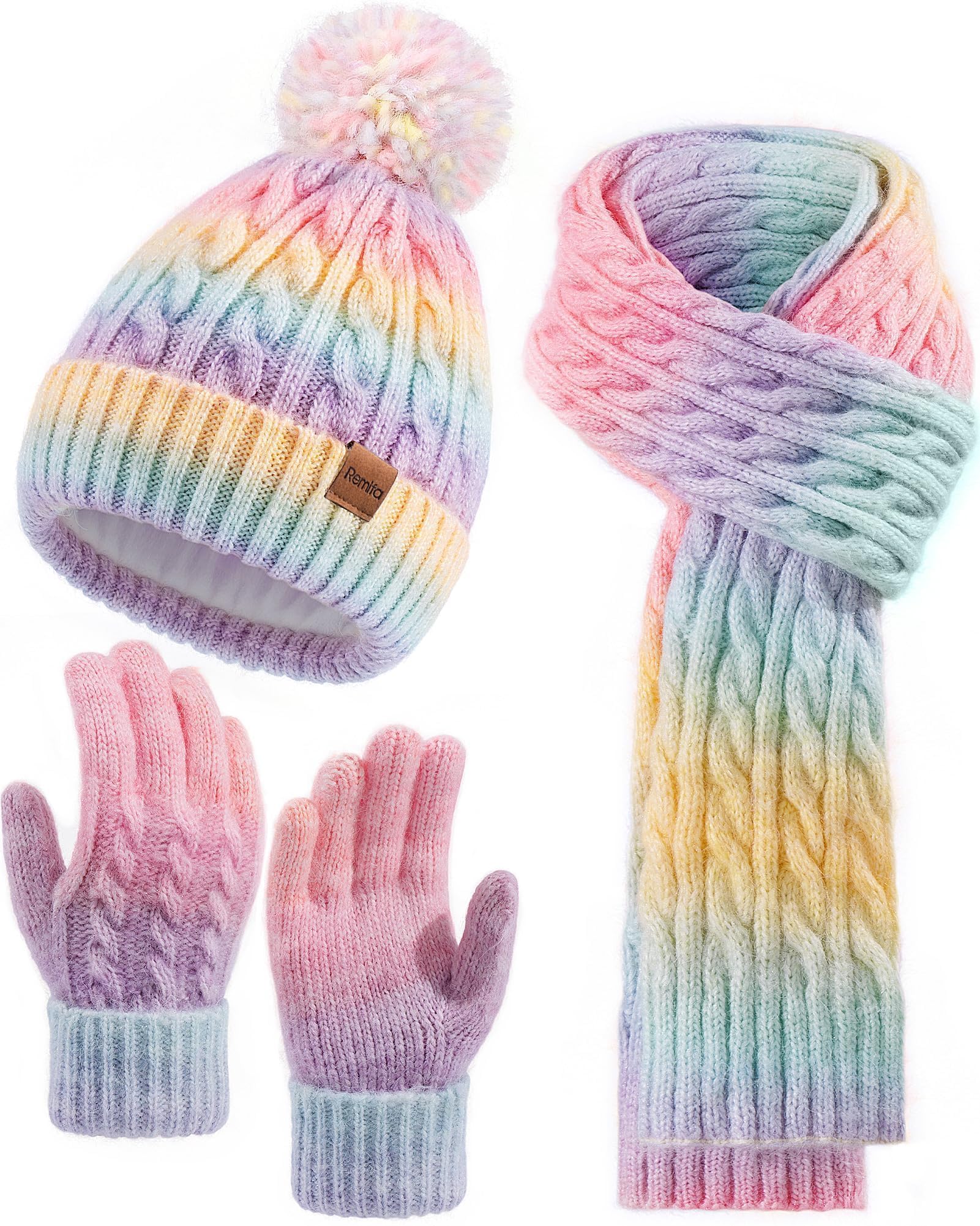 Winter Hat Scarf Gloves Set for Women Teen Girls, 3 PCS Pom Beanie Skull Cap Knit Scarf Gloves Mittens Valentines Gift-image-45