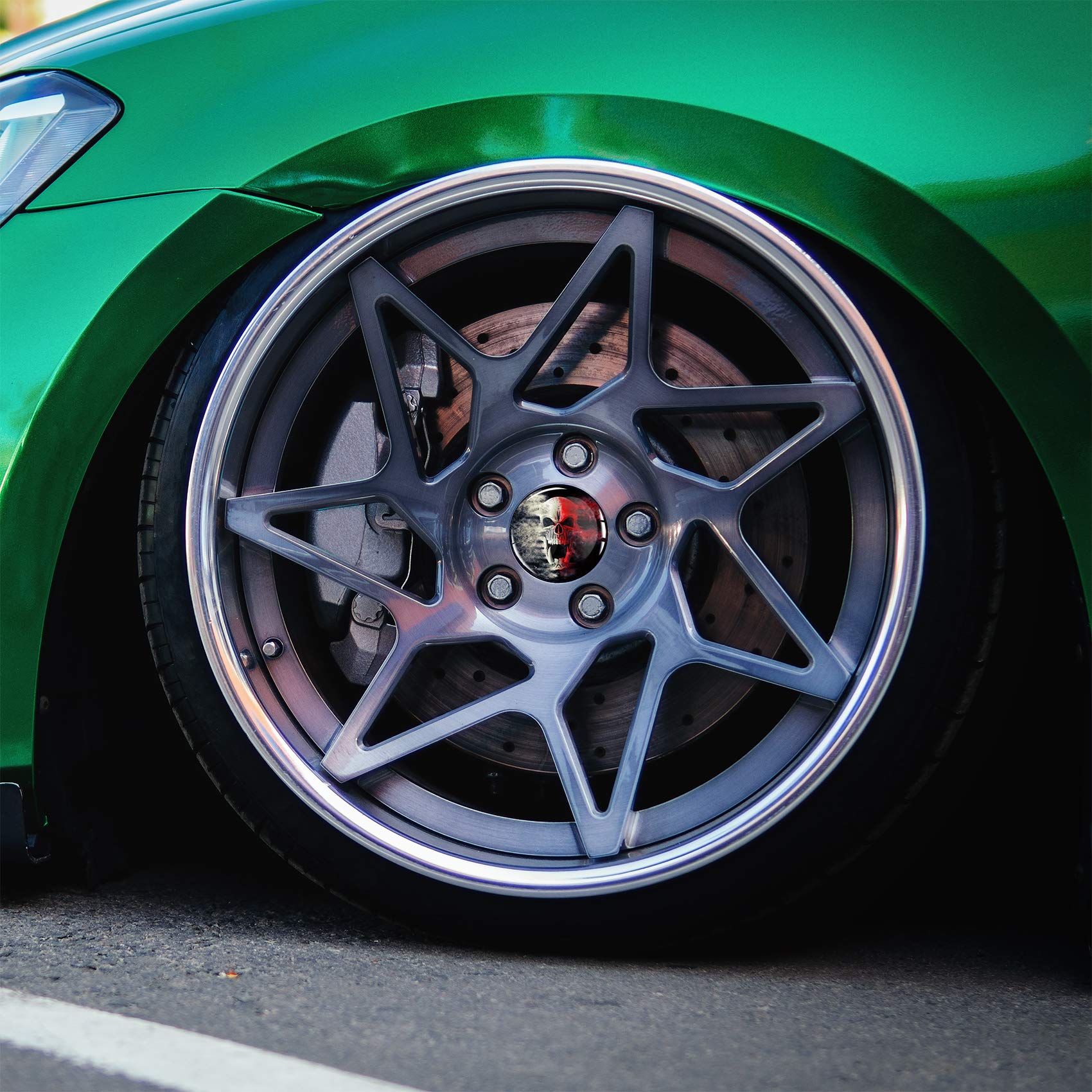 4 adesivi in gel per coprimozzo da 60 mm di diametro, adesivi per cerchioni, emblema doming per auto, accessori tuning, DM007 (n. 5 teschio in fiamme