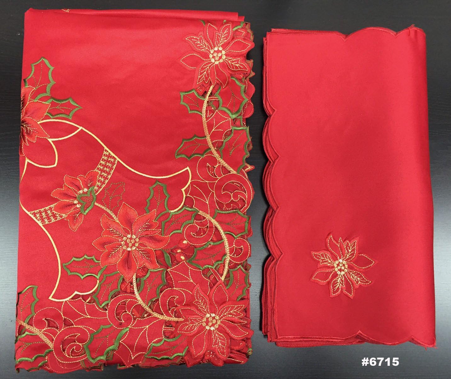 Creative Linens Holiday Christmas Embroidered Poinsettia Bell Tablecloth 70x90 with 8 Napkins RED Rectangular