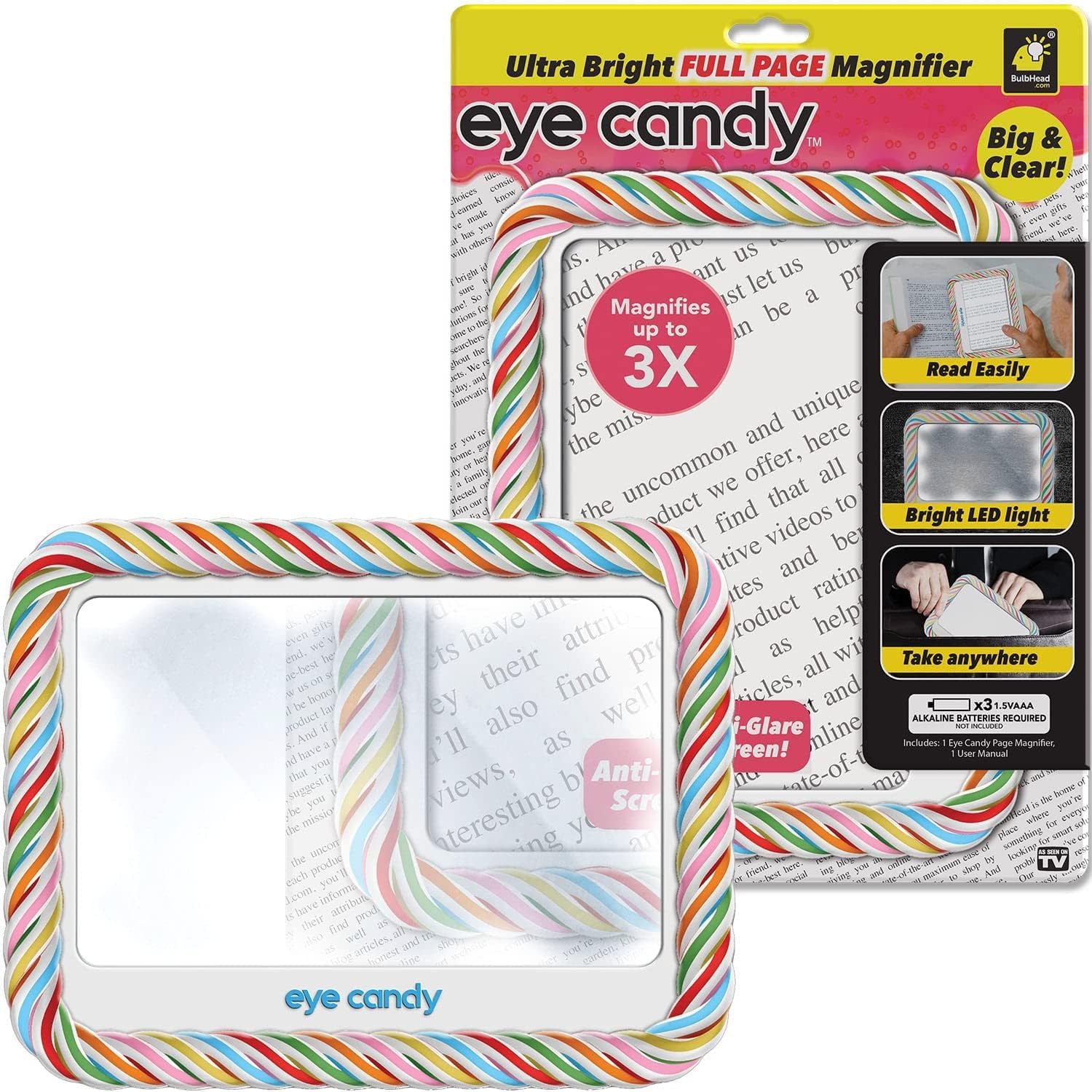 Eye Candy Ultra Bright Full Page Magnifier and Book Light, As Seen On TV Anti Glare Reading Light Makes Pages 3X Bigger with Dimmable Brightness (Pack of 5)