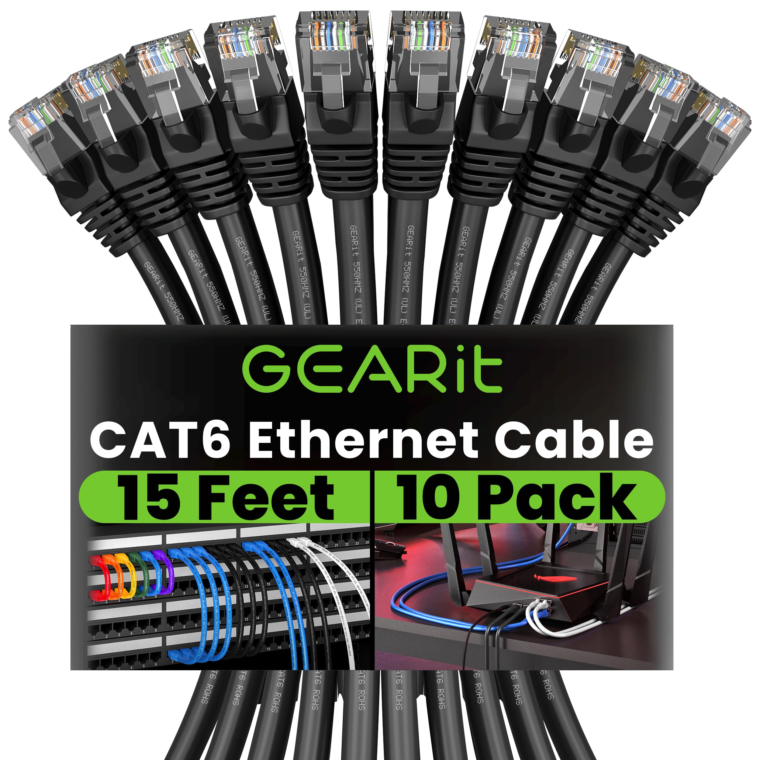 GEARit Cat 6 Ethernet Cable (10-Pack 15 Feet) Cat6 Network Patch, 10Gbps, RJ45, Snagless Cord, Gold-Plated Connectors, Internet for PC, TV, Tablet, Router, Printer, Servers, IT Data Center - Black