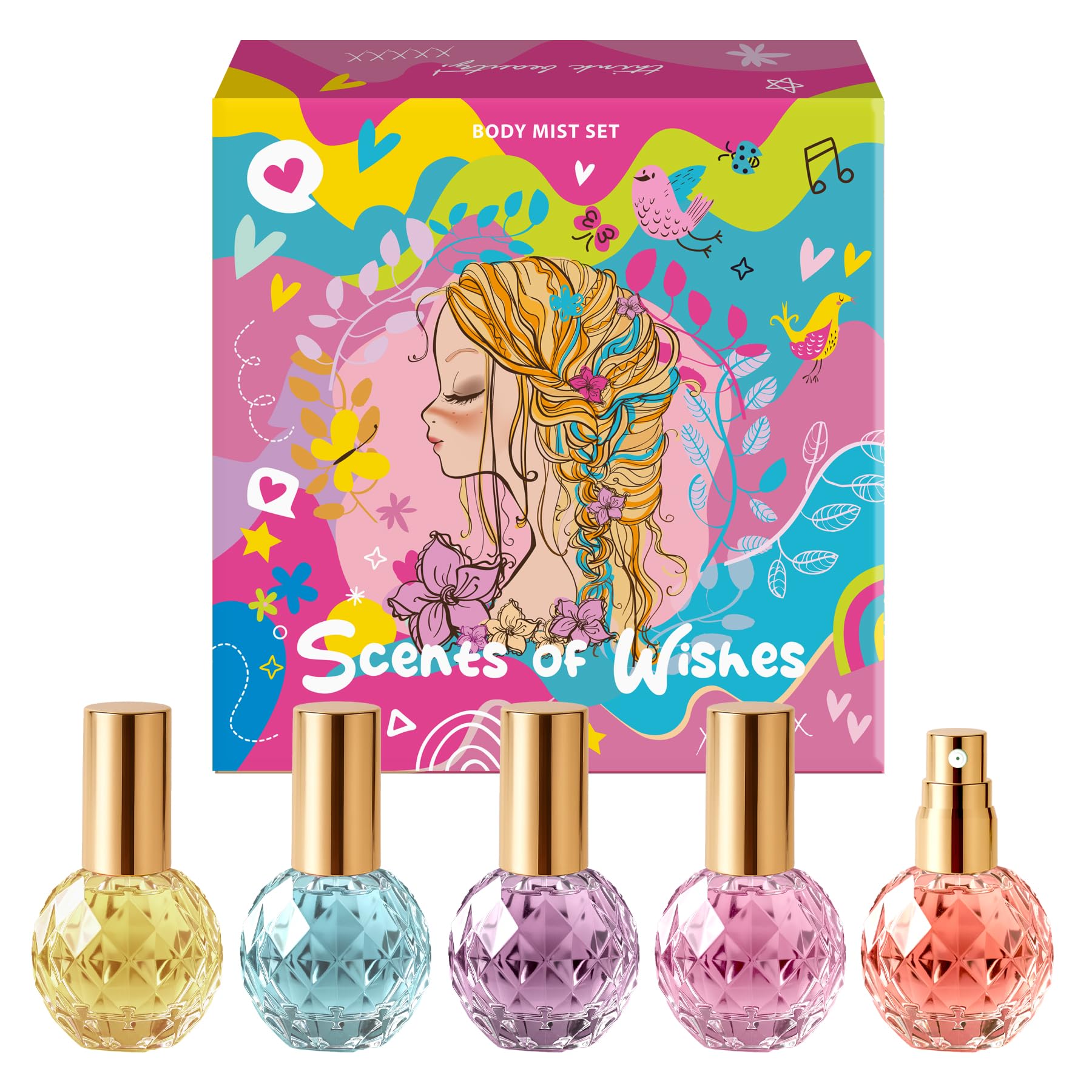 Set di Body Mist per Ragazze "Scents of Wishes" – 5 Flaconi in Vetro a Forma di Diamante con Finitura Dorata; 5 Profumi Esclusivi: Bacche, Frutti, Agrumi, Atmosfera Tropicale, Floreale