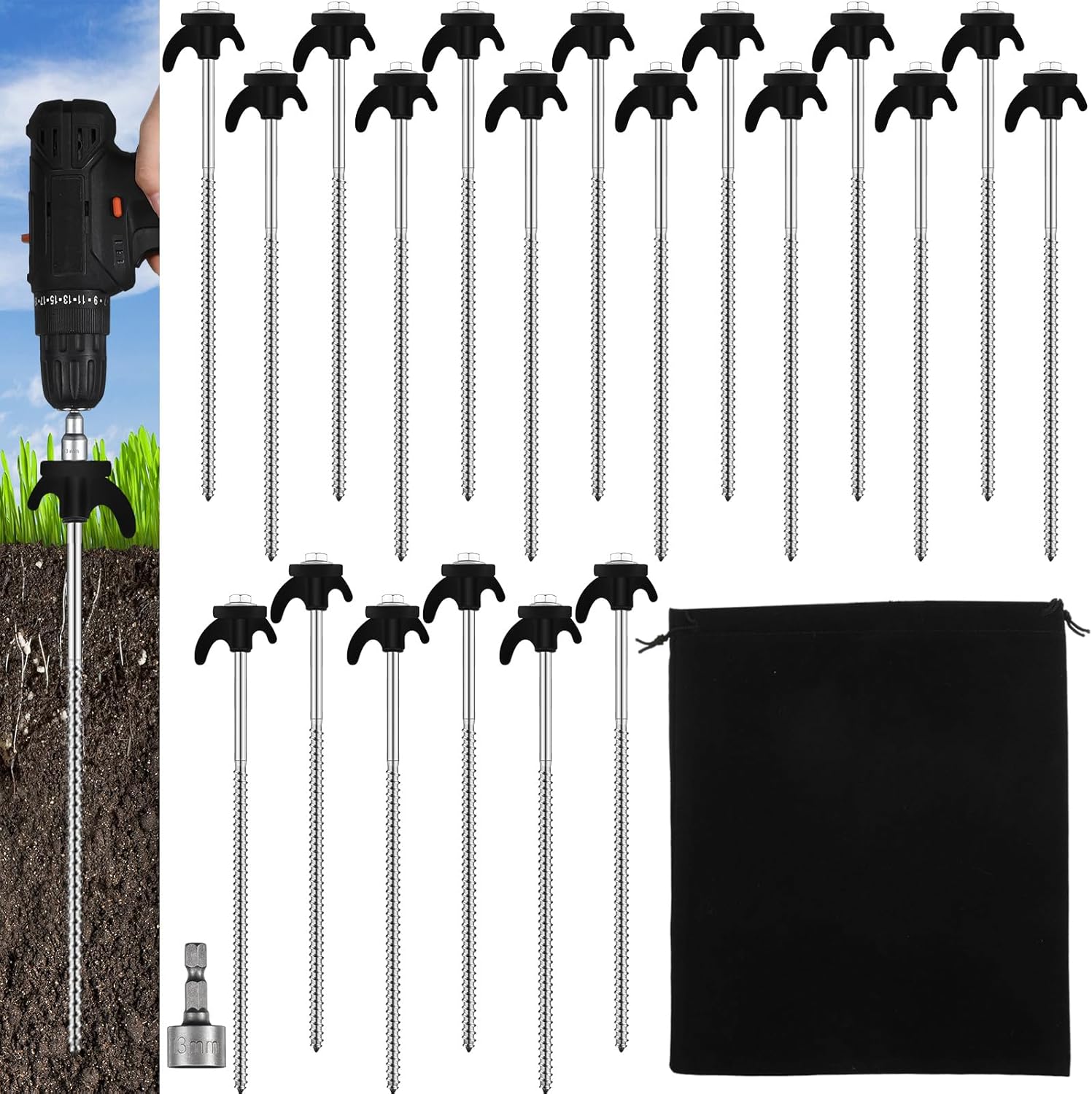 JaGely 12 Inch Tent Stakes Screw in Camping Stake Heavy Duty Metal Spikes Ground Anchor Peg Threaded Spikes with Hex Head Driver for Camping Garden Inflatable Outdoor Decor(Luminous White, 40 Pcs)