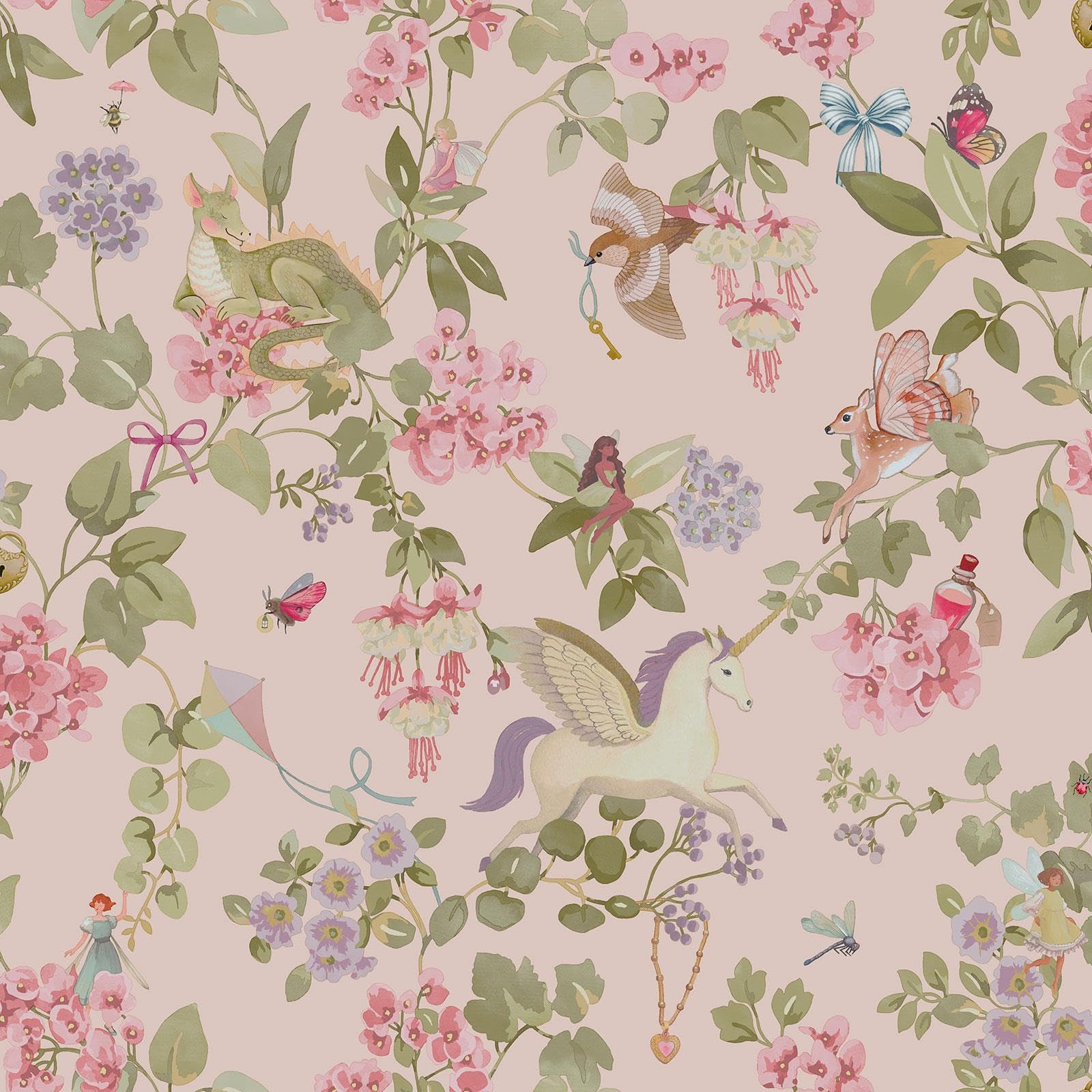 Holden Decor Girls Pink Holden Storybook Away With The Fairies Unicorn Themed Wallpaper With Dragons Butterflies For ' Bedrooms, Nurseries, Playrooms In (14021)