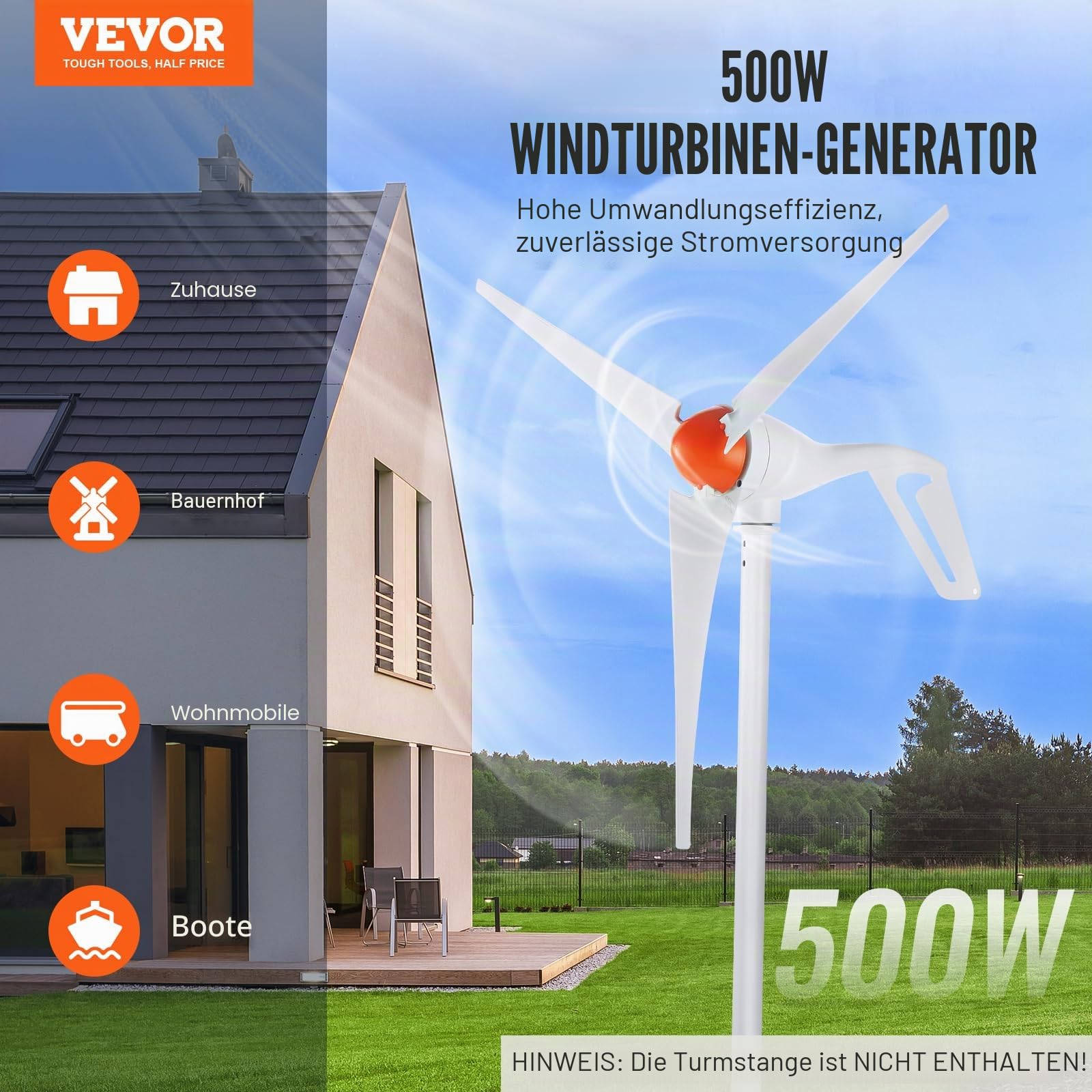 VEVOR 500 W Windkraftanlage, 12 V Windgenerator, 3-Blatt-Windkraftgenerator mit Anemometer, MPPT-Regler und einstellbarer Windrichtung, geeignet für Zuhause, Bauernhof, Wohnmobile, Boote
