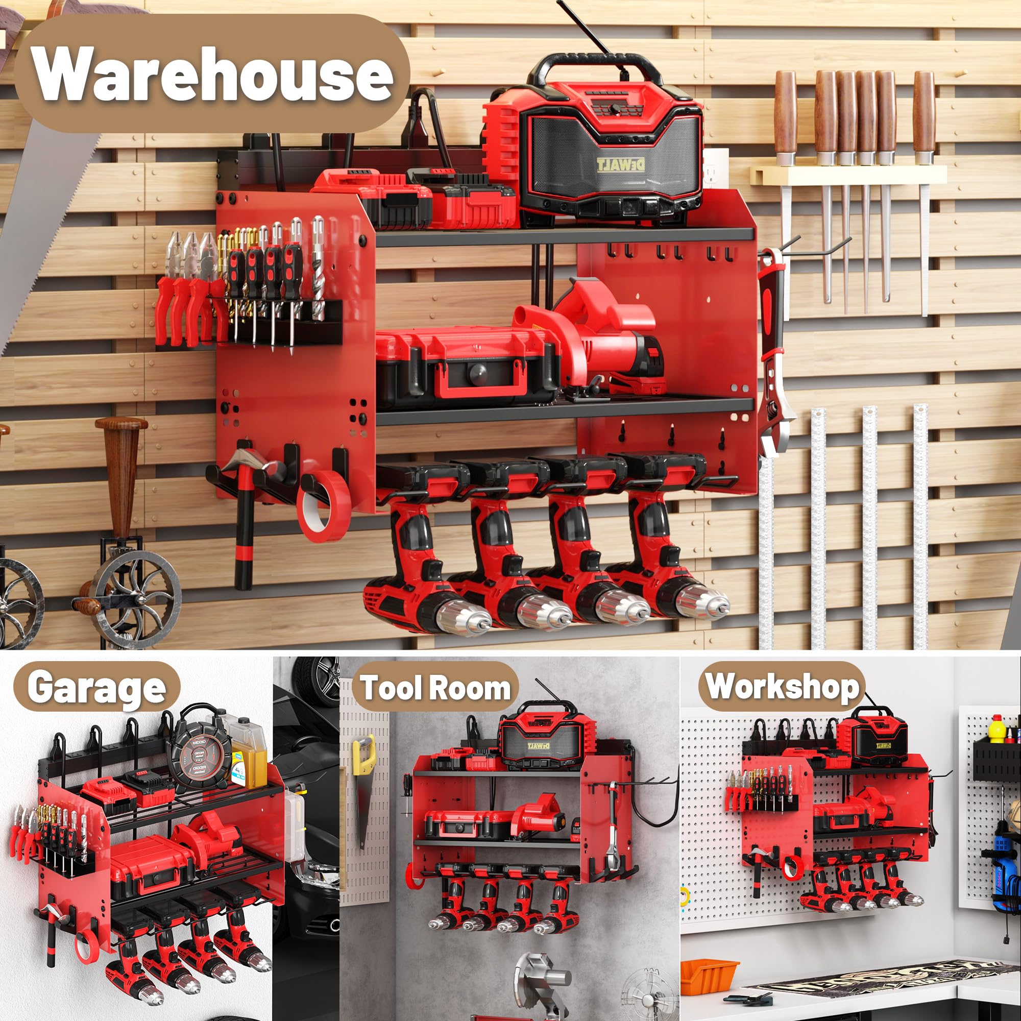 Wide Power Tool Organizer Wall Mount with Charging Station 3 Layer Adjustable Heavy Duty Tool Storage Rack 4 — view 9