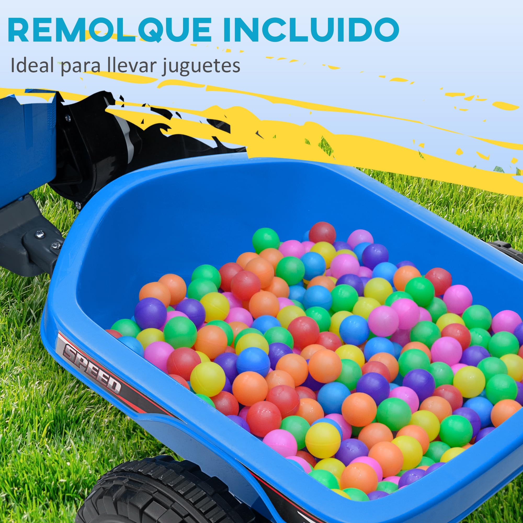 HOMCOM Quad Eléctrico para Niños con Remolque a Batería 6V, Quad para Niños de 18-36 Meses con Velocidad 2,5 km/h, 6 Ruedas y Manillar Antideslizante, 106x41,5x48,5 cm, Azul