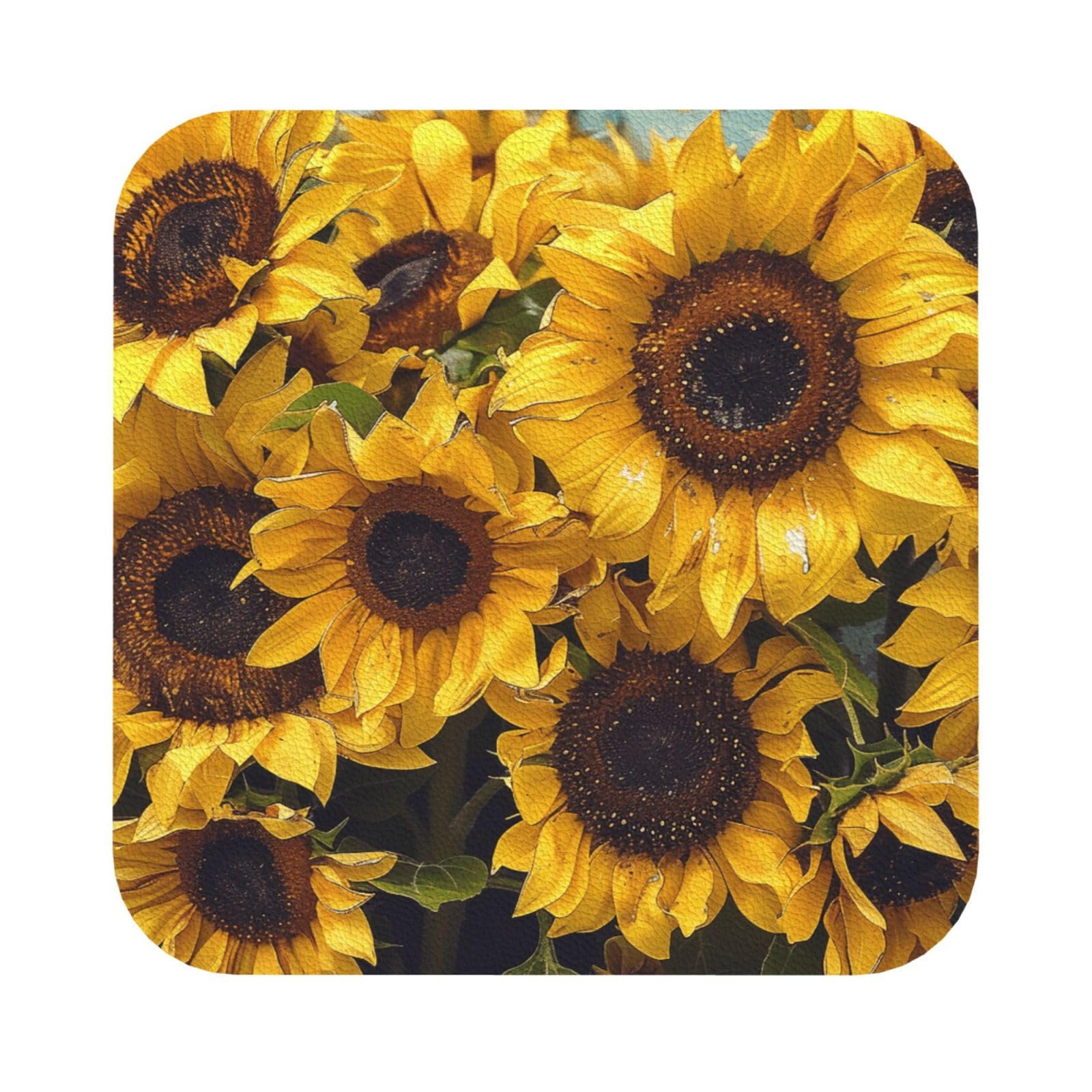Sunflower Print Leather Coaster Set of 6, Square Coasters Table Decorative Coffee Cup Beverage Coasters Wine Beer Bar Coasters for Hot Drinks Table Protection