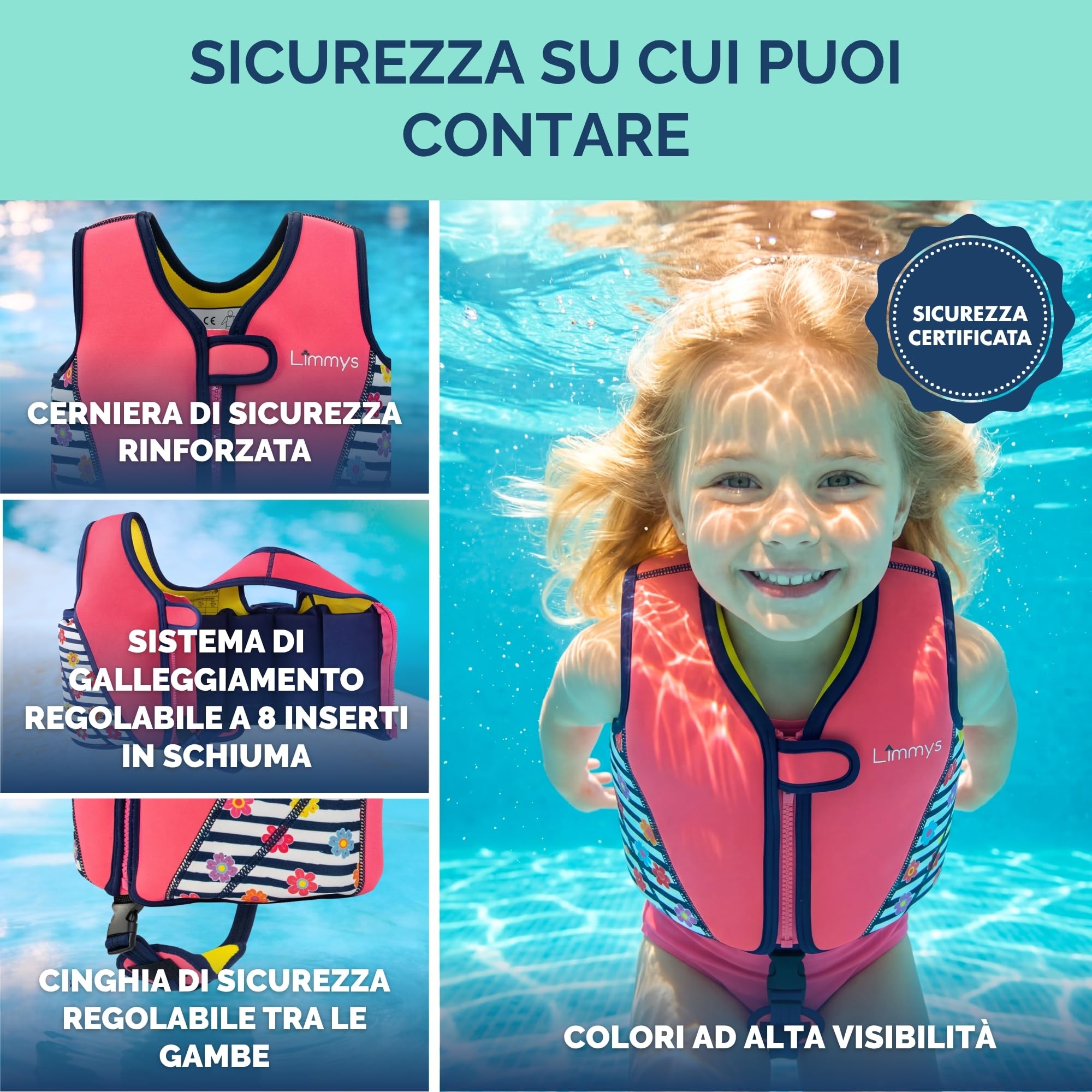 Gilet da Nuoto Limmys per Bambini – Sistema di Galleggiamento Regolabile a 8 Pannelli, Certificato CE, Design Premiato, Comfort in Neoprene Morbido, Struttura Resistente, Sacca Inclusa
