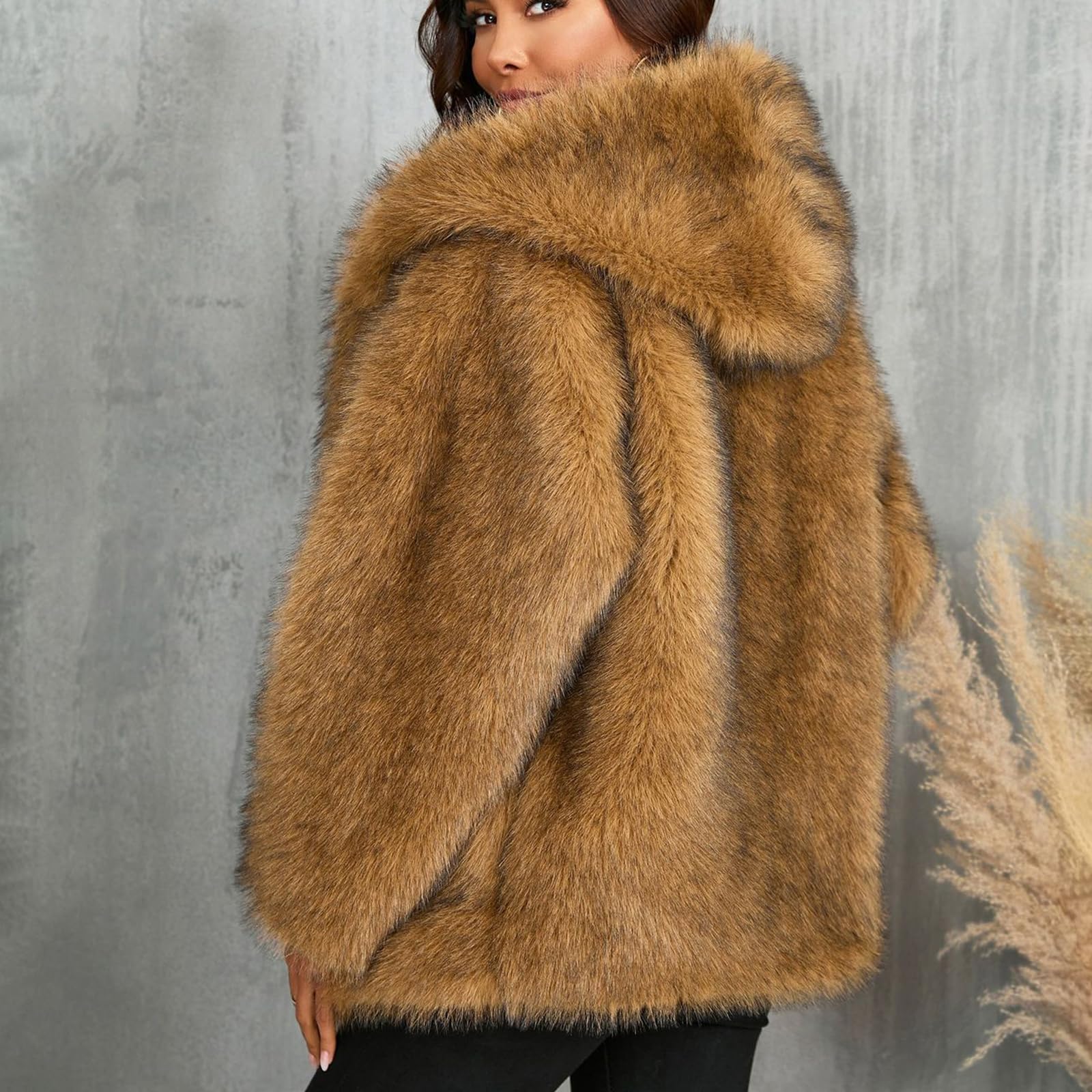 Donna Cappotto in Pelliccia Sintetica Elegante Giacca Maniche Lungo Giubbotto Invernale Parka con Cerniera e Cappuccio