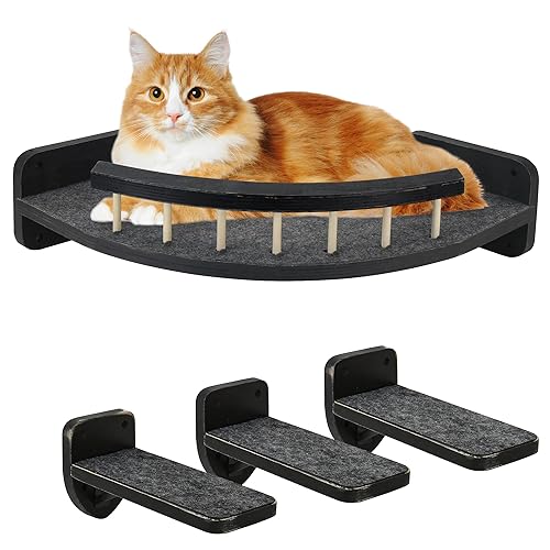 VOOTTOU Cat Hammock Wall Shelves with 3 Steps, Cat Shelves and Perches, Wall Furniture and Climbing Shelf, Kitty Scratching Post Shelf for Indoor with Plush Covered, Gift for Kitty - Black,1 Corner Cat Shelf+3 Steps