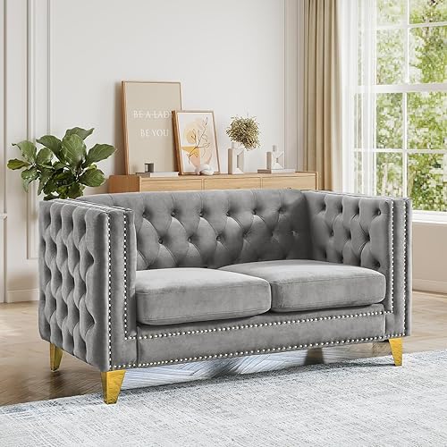 Miniatura 19 de Sofá Chesterfield, sofá moderno de terciopelo de 3 plazas con botón acolchado y ribete de tachuelas, sofá tapizado de asiento profundo, sofá grande