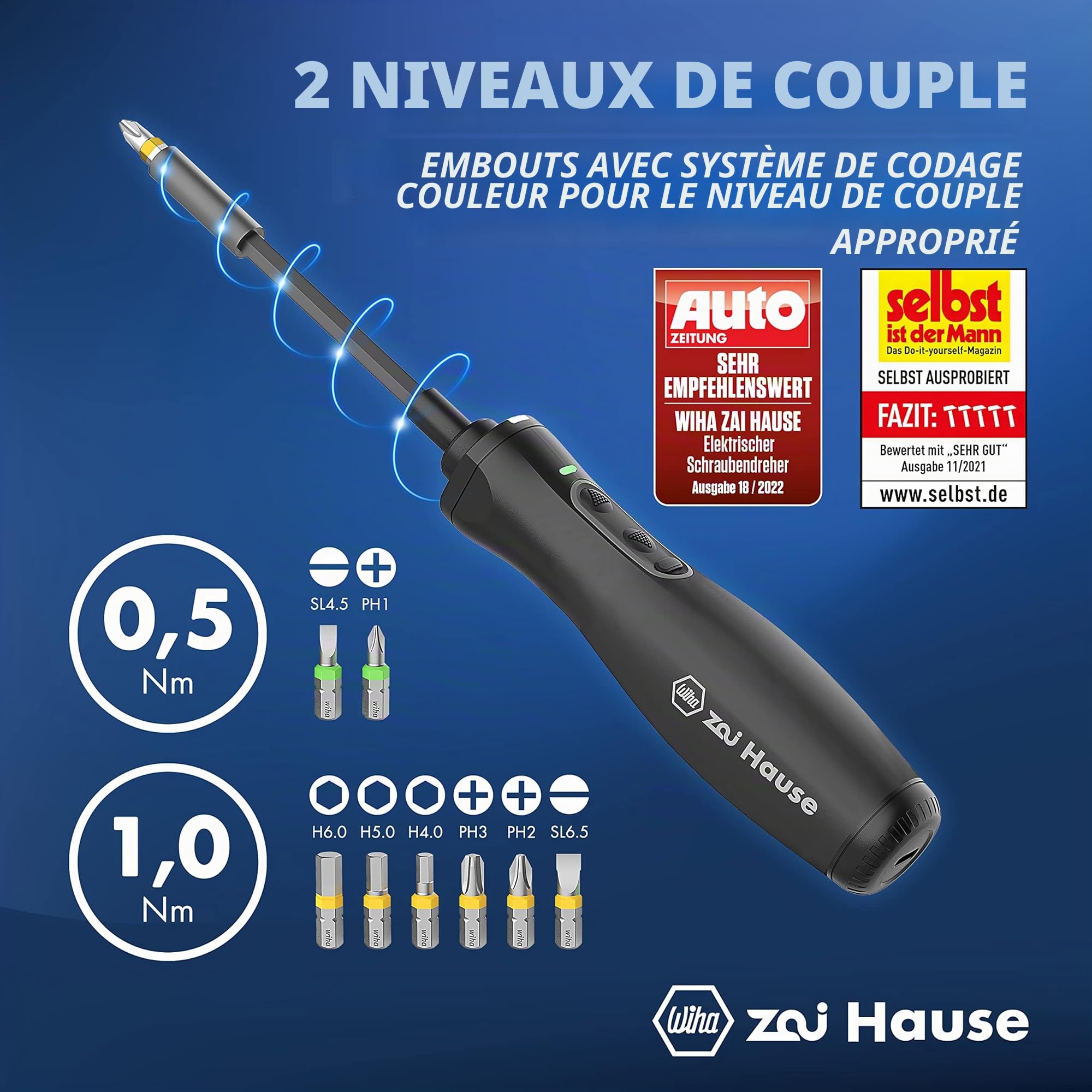 Wiha zai Hause Electric Cordless Screwdriver with 8 Bits, 3.6 V Li-Ion | (44621) Precision screwdriver set with adjustable torque, magnetic bit head and LED light, incl. USB-C charging cable
