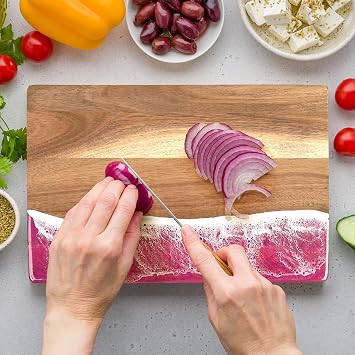 Acacia Wood Cutting Board with Resin Wave Design, Versatile Kitchen Chopping Board for Meat, Vegetables, Fruits, Cheese & Charcuterie, Pink Ocean Vibes Elegant Serving Tray, 14x9.8 Inches