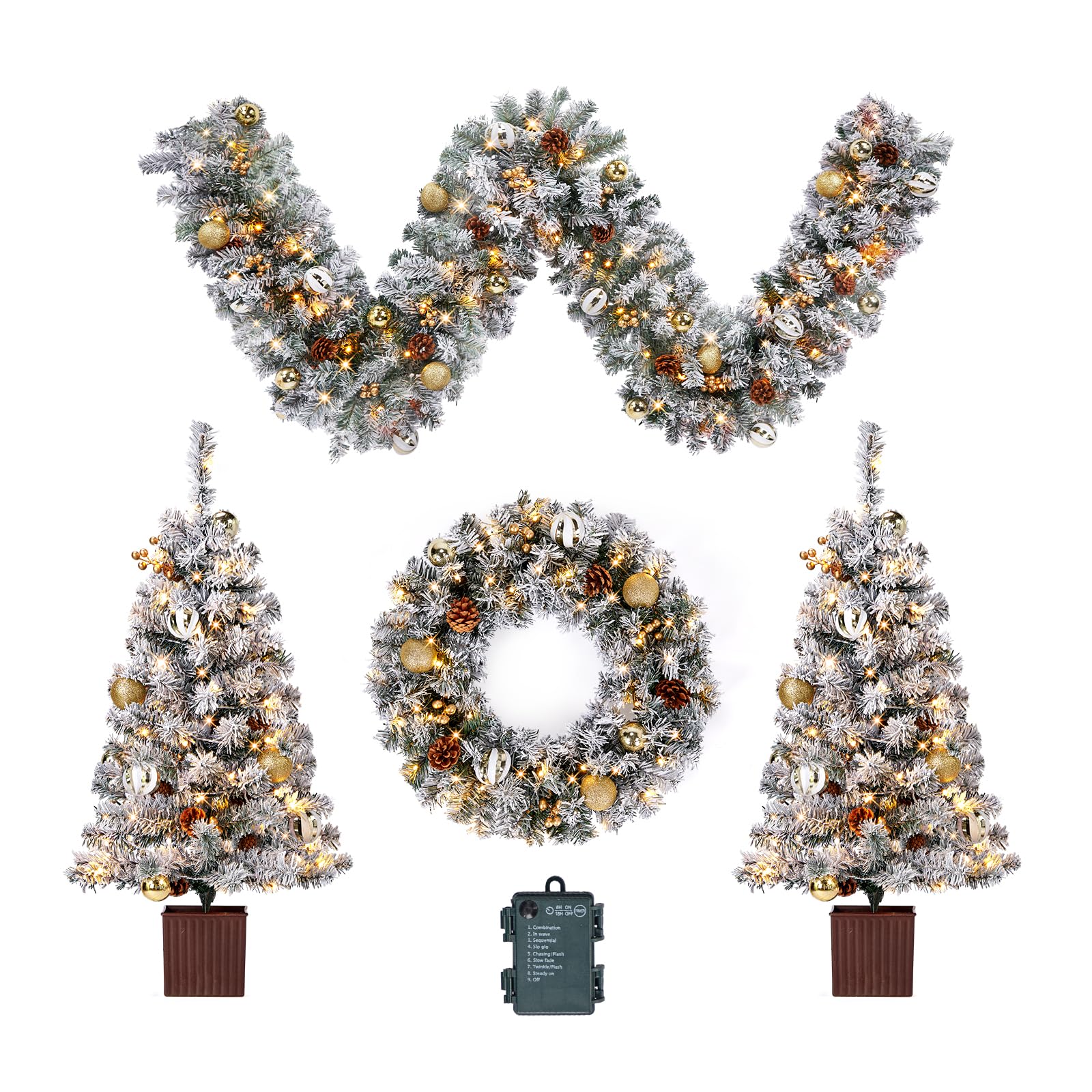 vingli pre-lit flocked christmas decor set, 5-piece kit with led tree, wreath, garland & entry trees (230 lights) gold/silver accents for mantel, staircase & doorway holiday decor