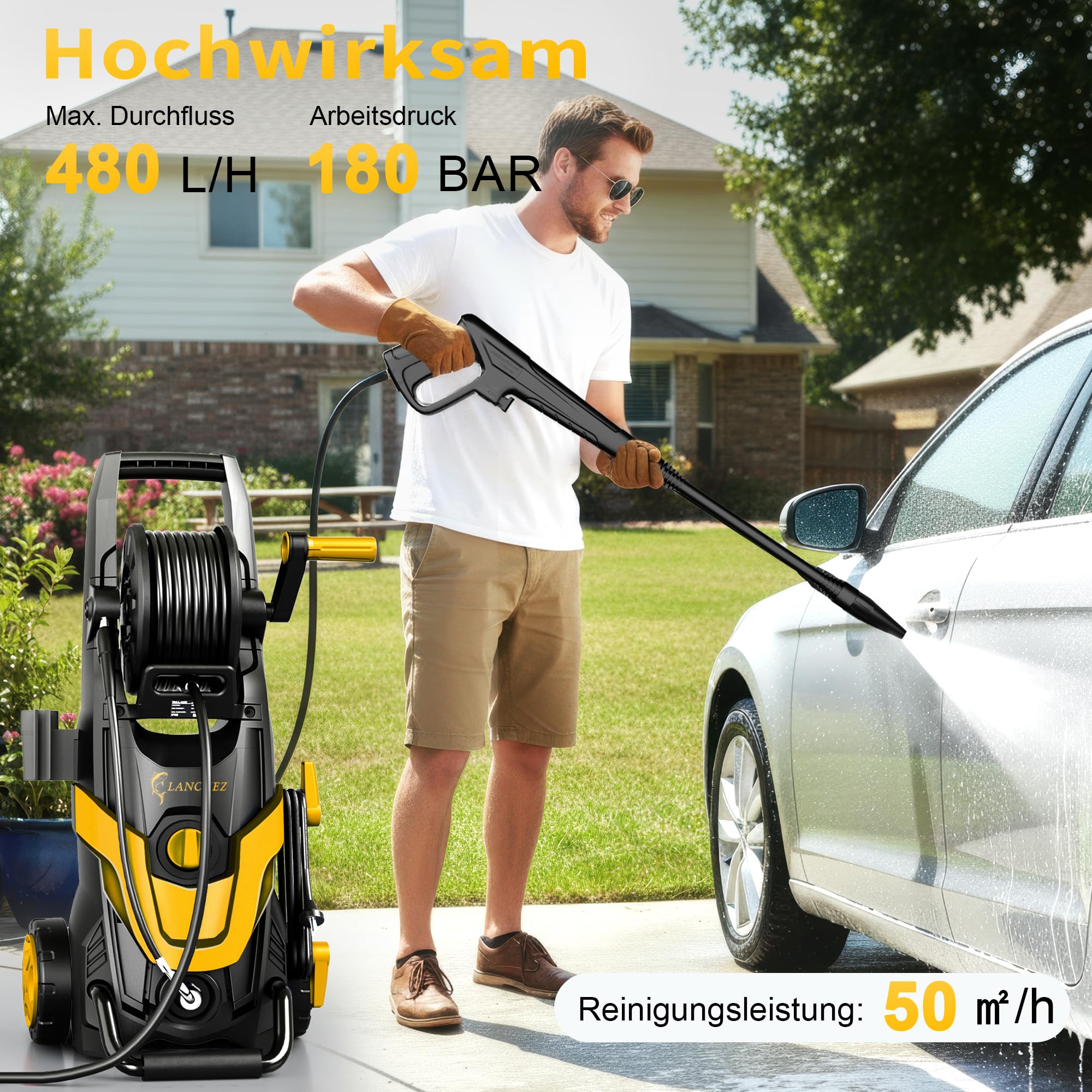 LANCHEZ Hochdruckreiniger, max Druck 180 bar, 480 l/h Fördermenge, 7-in-1-Zubehör Kit, 500ml Schaumsprüher | Schnellkupplungen | Schnellanschlussdüsen | Terrassenbürste für Terrasse, Auto, Gelb