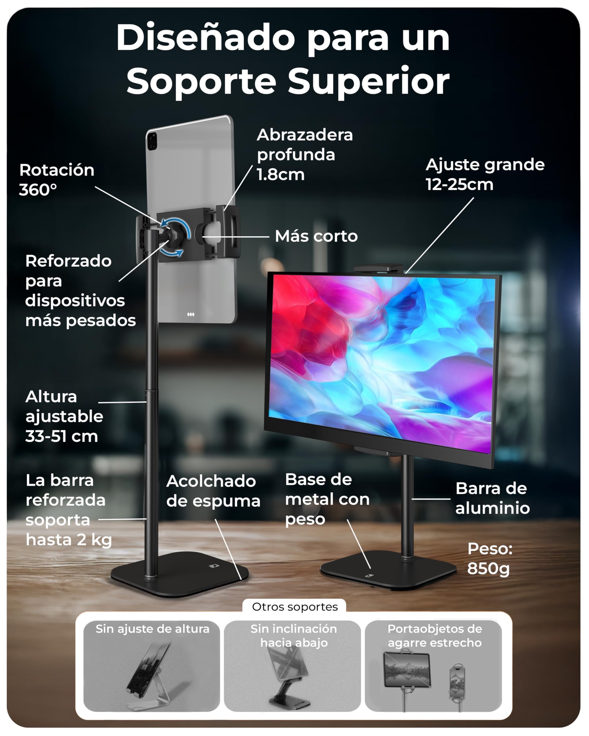 COOPER TabStand Soporte Tablet Escritorio 51 cm, Soporte iPad y Monitor Portátil hasta 17", Carga máx. 2 kg, Soporte Tablet Ajustable, Compatible iPad Apple, Samsung, Kindle, Fire (Negro Noche)