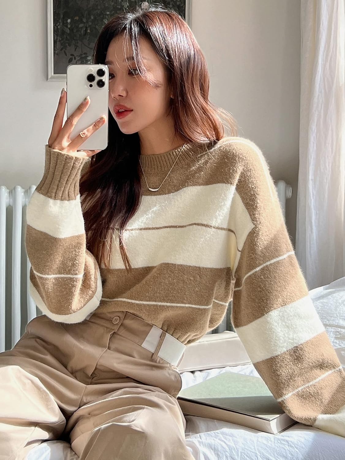 Women's Sweater Striped Pattern Two Tone Drop Shoulder Sweater Sweater for Women (Color : Khaki, Size : Medium)