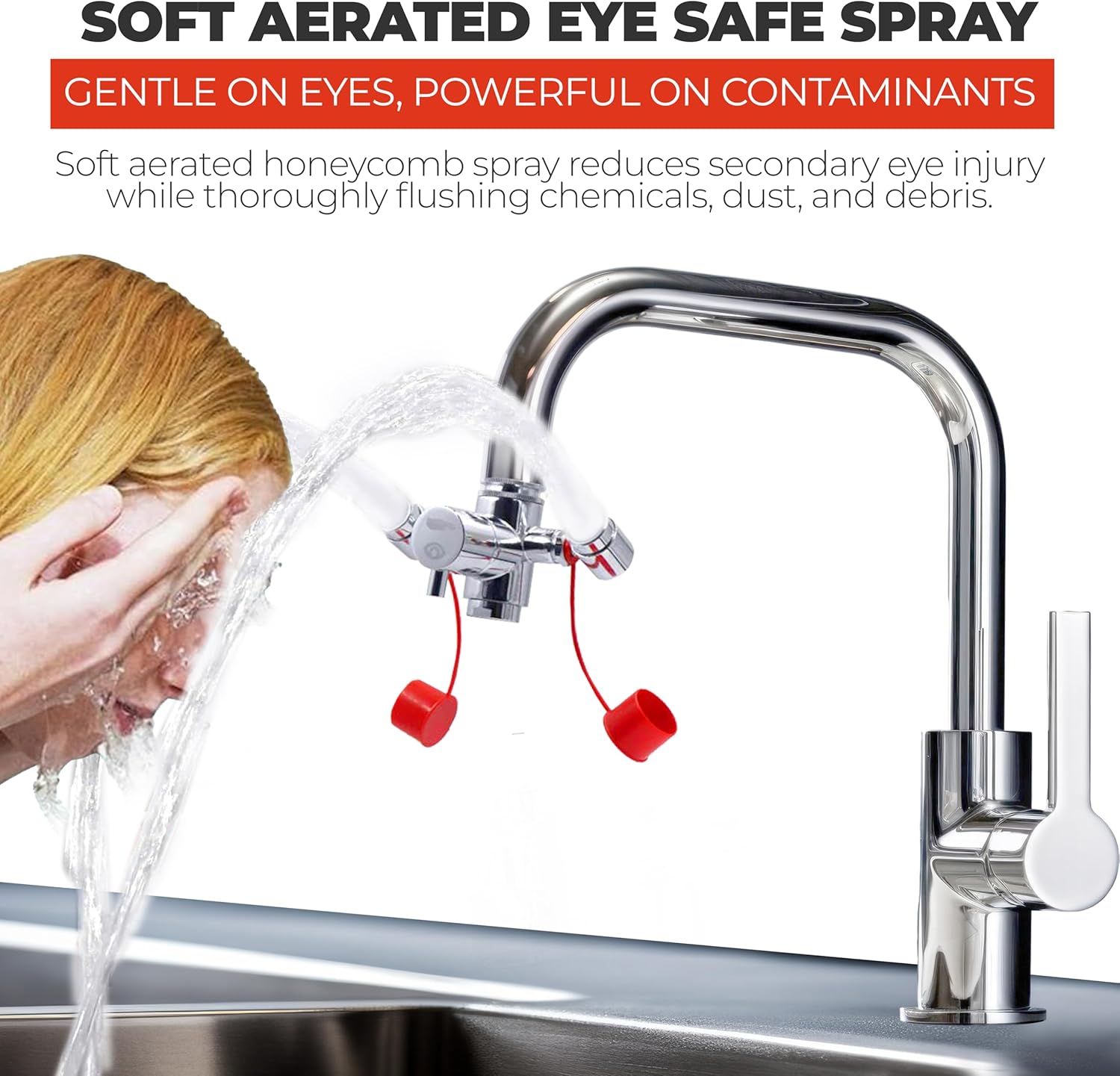 TidyFriend Emergency Eye Wash Station Faucet Mount - 360° Rotatable Compact Eyewash Station - Includes Tags, Safety Sign, 3 Adapters - 11.4 L/min High Flow for Lab,Hospital & Industrial Safety (Red)
