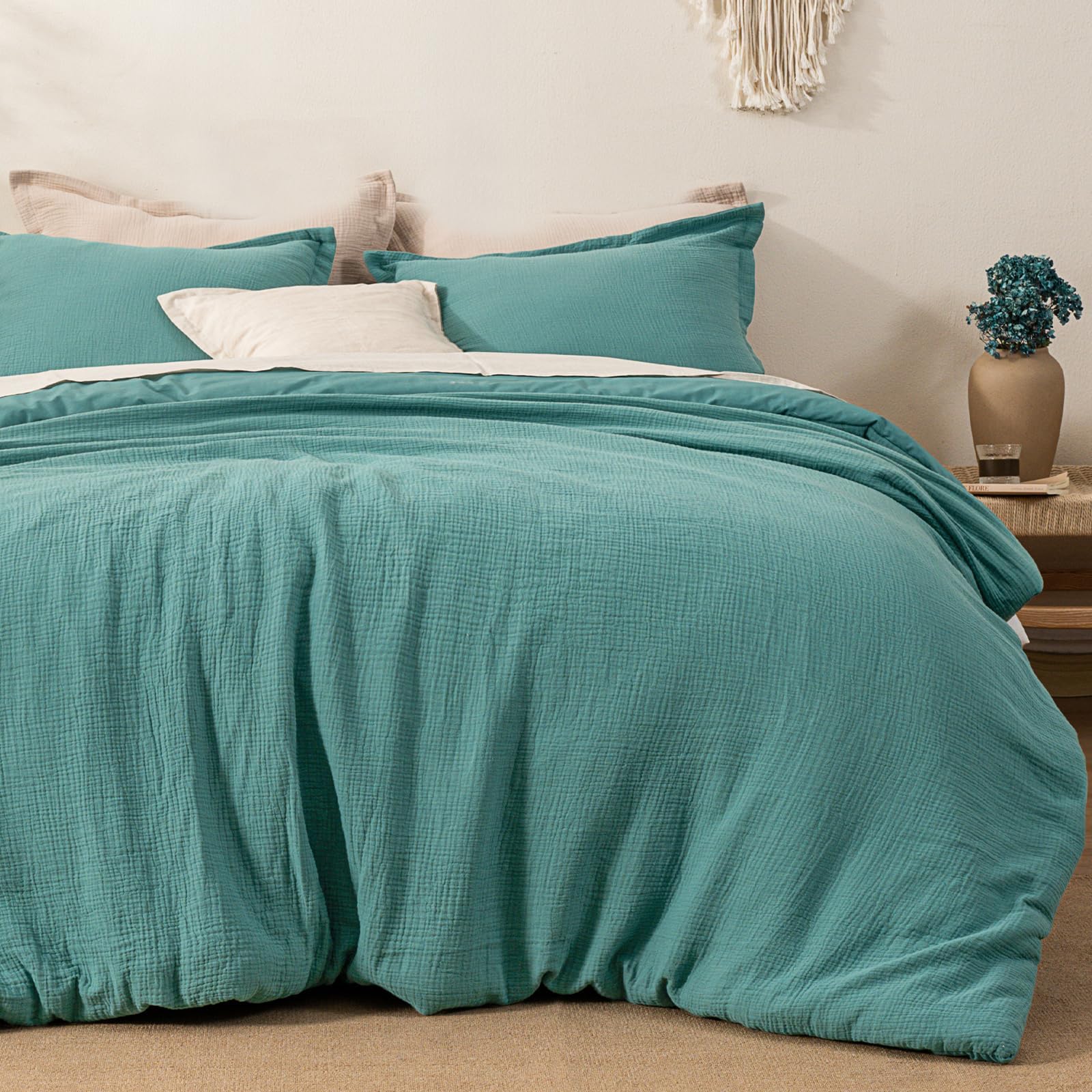 david's home cotton muslin comforter set king size, soft lightweight breathable cozy skin-friendly, 3pcs linen like gauze bedding with pillow shams, aesthetics home decor & giftable, teal