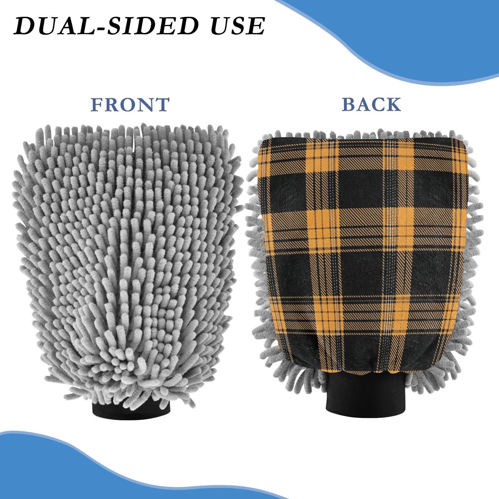 STAYTOP Orange Black Checkered Pattern Car Wash Mitt Microfiber, 2Pcs Scratch Free Lint-Free, Premium Chenille Microfiber Mitt Car Wash Brush-M