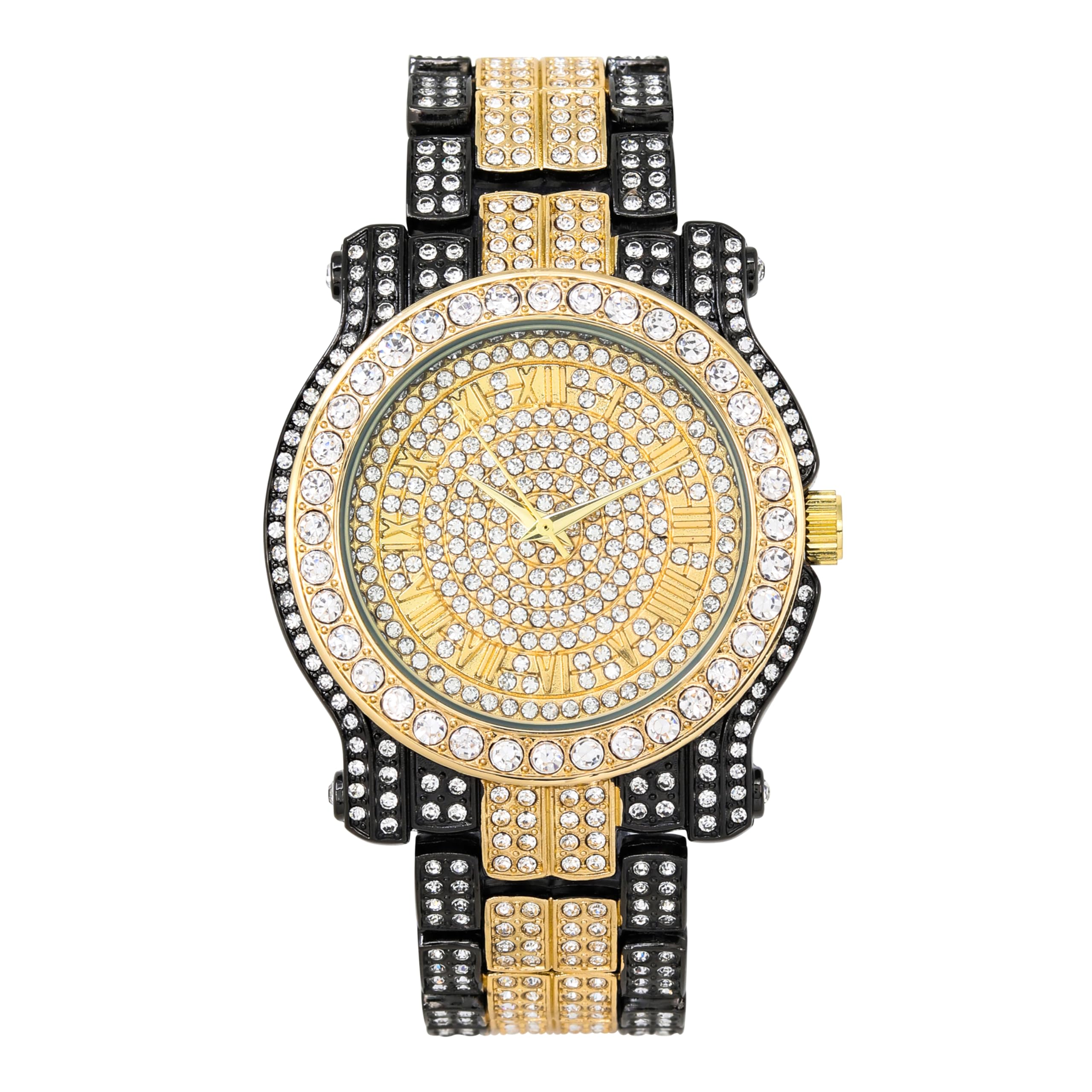 Techno PaveMen's 45mm Iced Diamond Pave Watch with Roman Dial Simulated  Diamonds Bling-ed Out Metal Band Quartz Movement in 14k Gold, Silver,